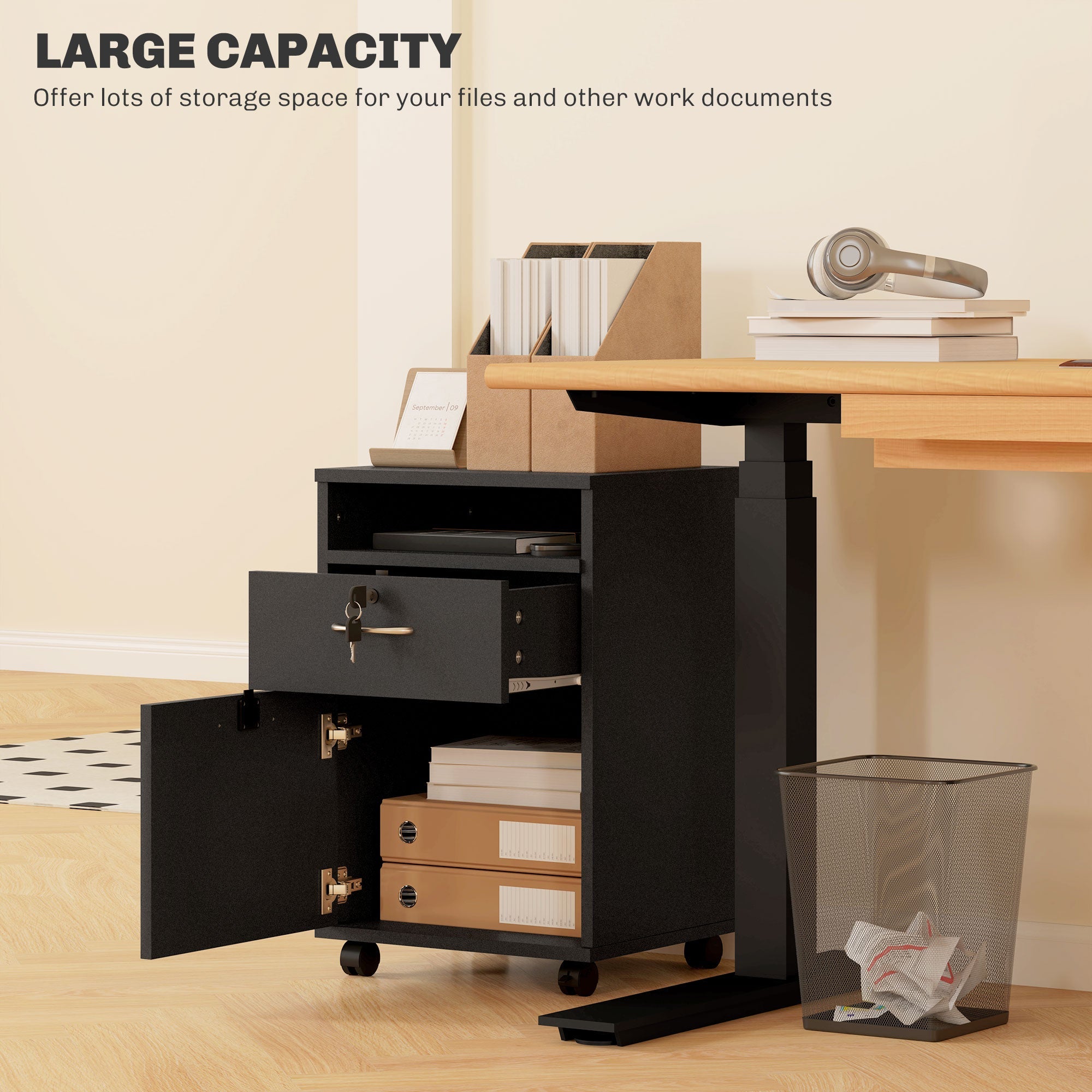 Filing Cabinet 60cm Drawer Open Shelf Mobile Two Locks Black