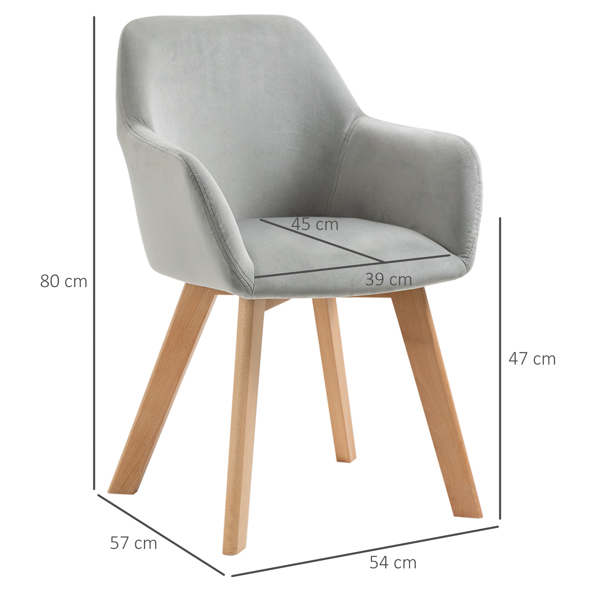 Dining Chairs Set of 2 Kitchen Chairs Armrests Backrest Wooden Legs, Velvet-Look Grey