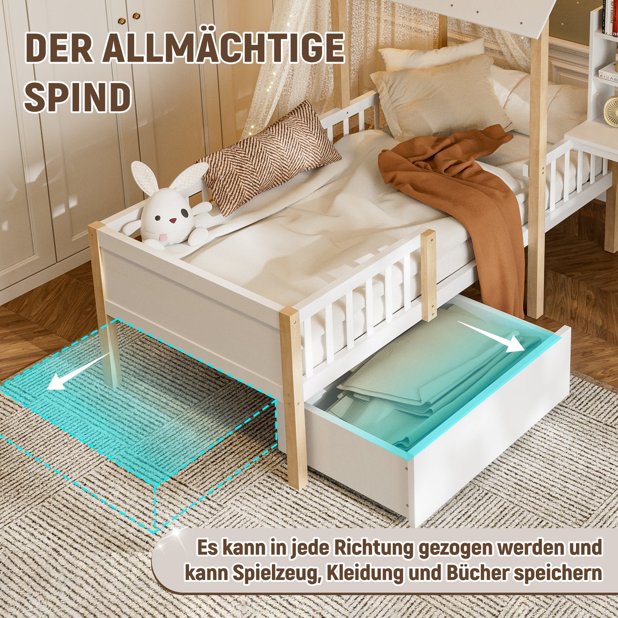 Children's House Bed 90x200cm Multifunctional Desk Bookshelf Drawers Solid Wood White