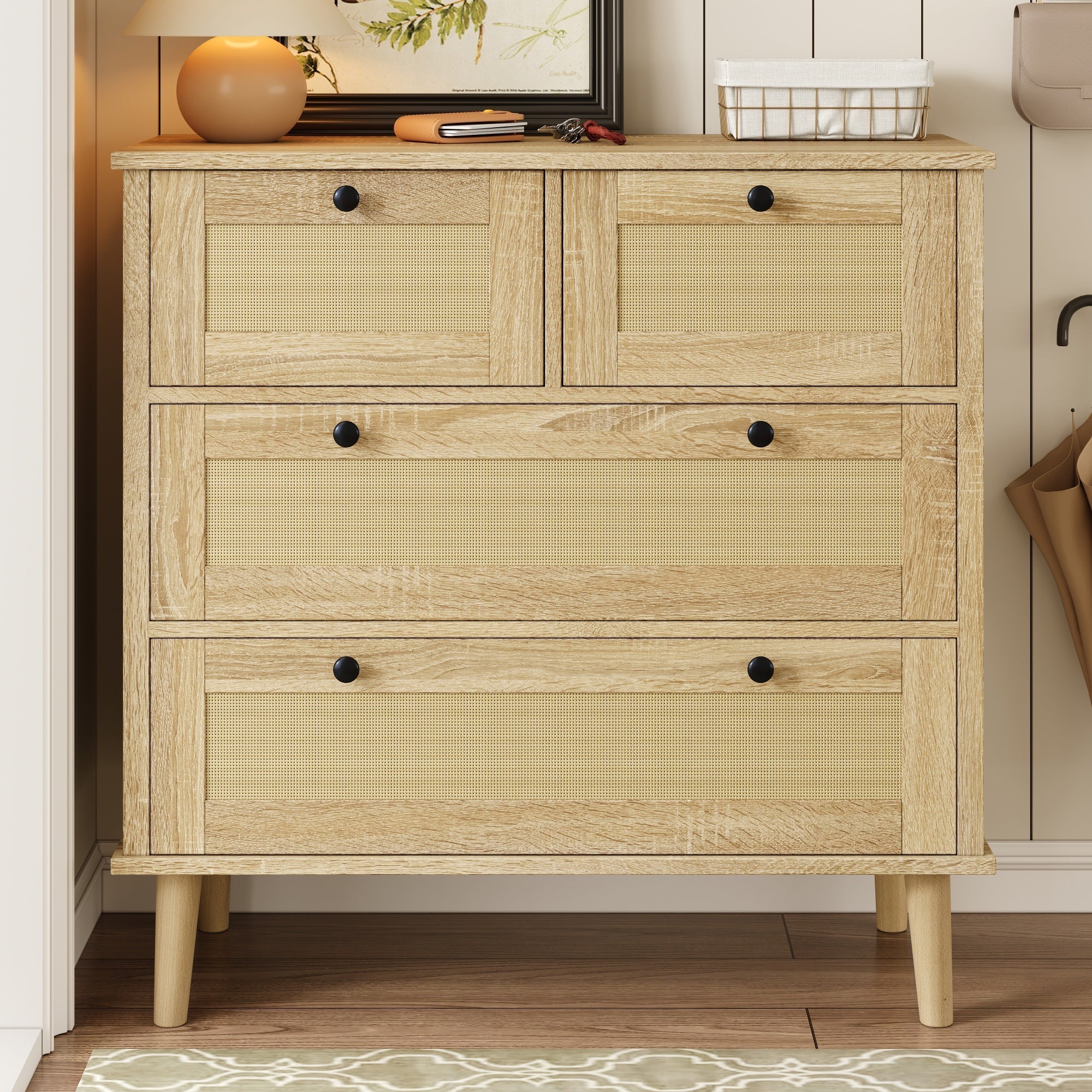 Chest of drawers with four drawers, rattan, solid wood