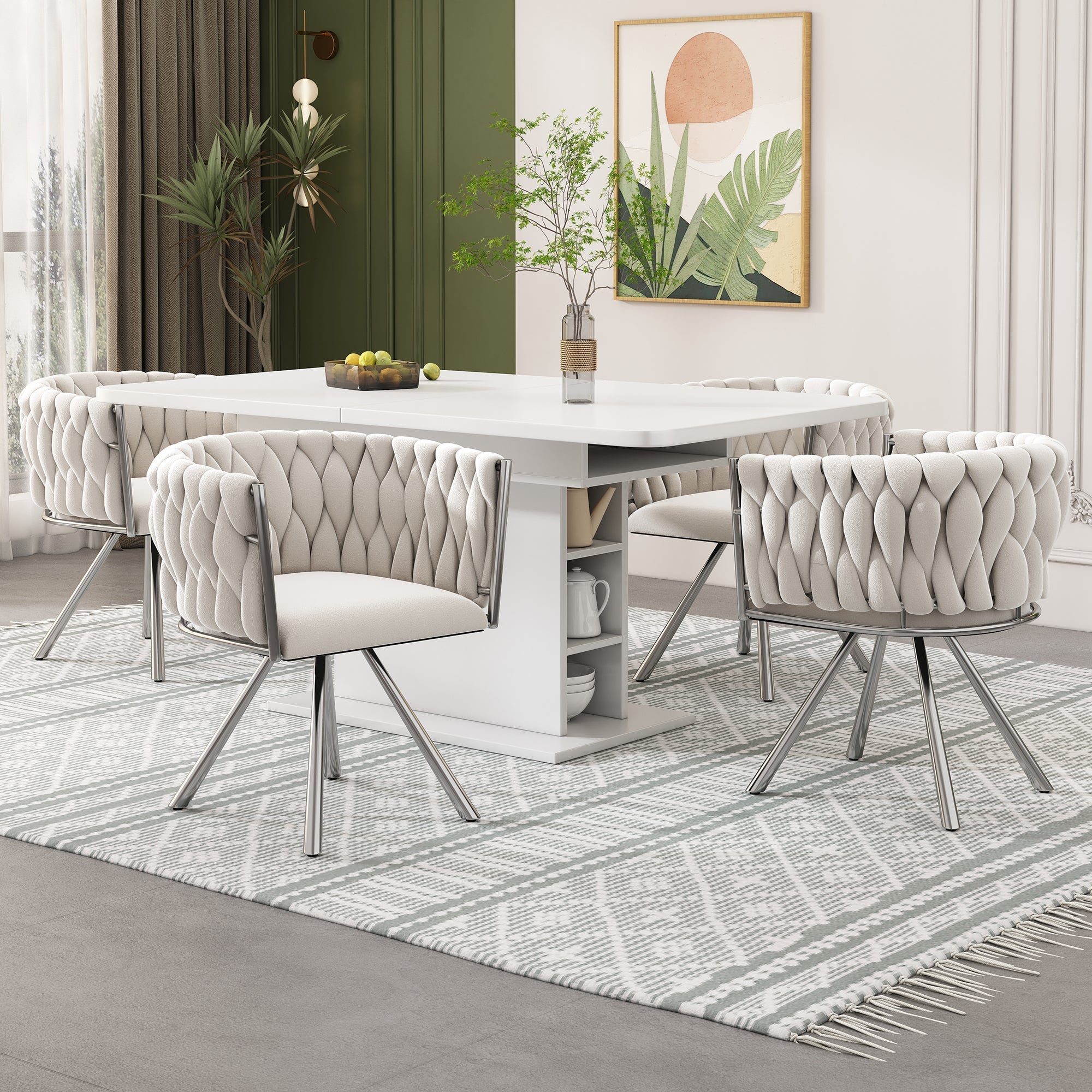 Velvet Dining Chair, Set of 4 Luxury Swivel Leisure Chairs with Metal Legs, Beige and Silver