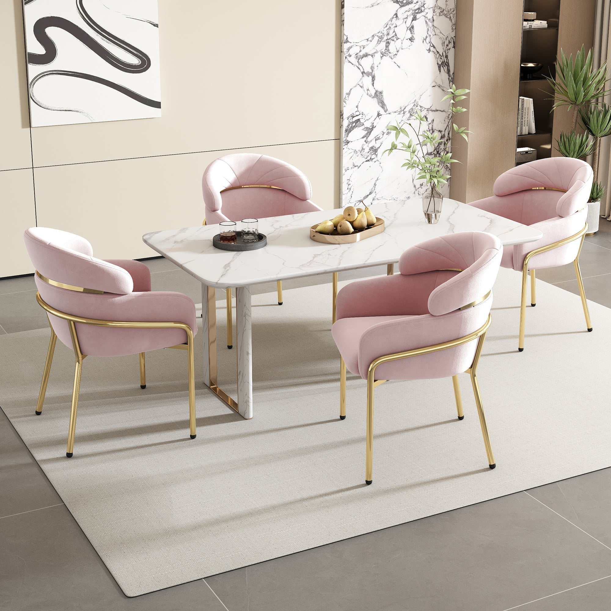 Dining Chair Light Luxury Leisure Metal Legs Velvet Pink