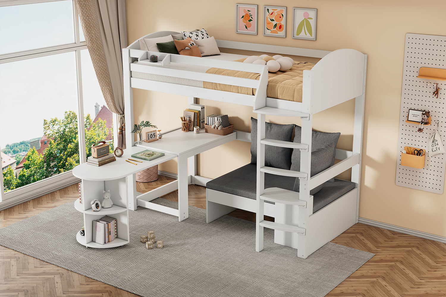 Multifunctional Children's Bunk Bed with Pull-out Table, Sofa with Storage and Three Cushions, 90x200cm, White Solid Wood