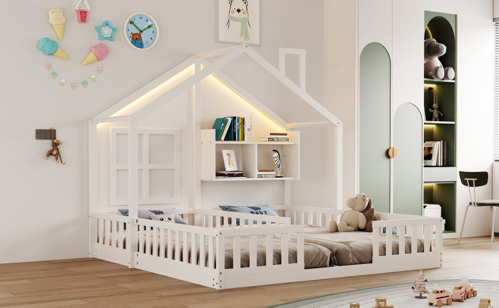 Wooden Children's Bed 90x200cm House Design LED Lighting Storage White