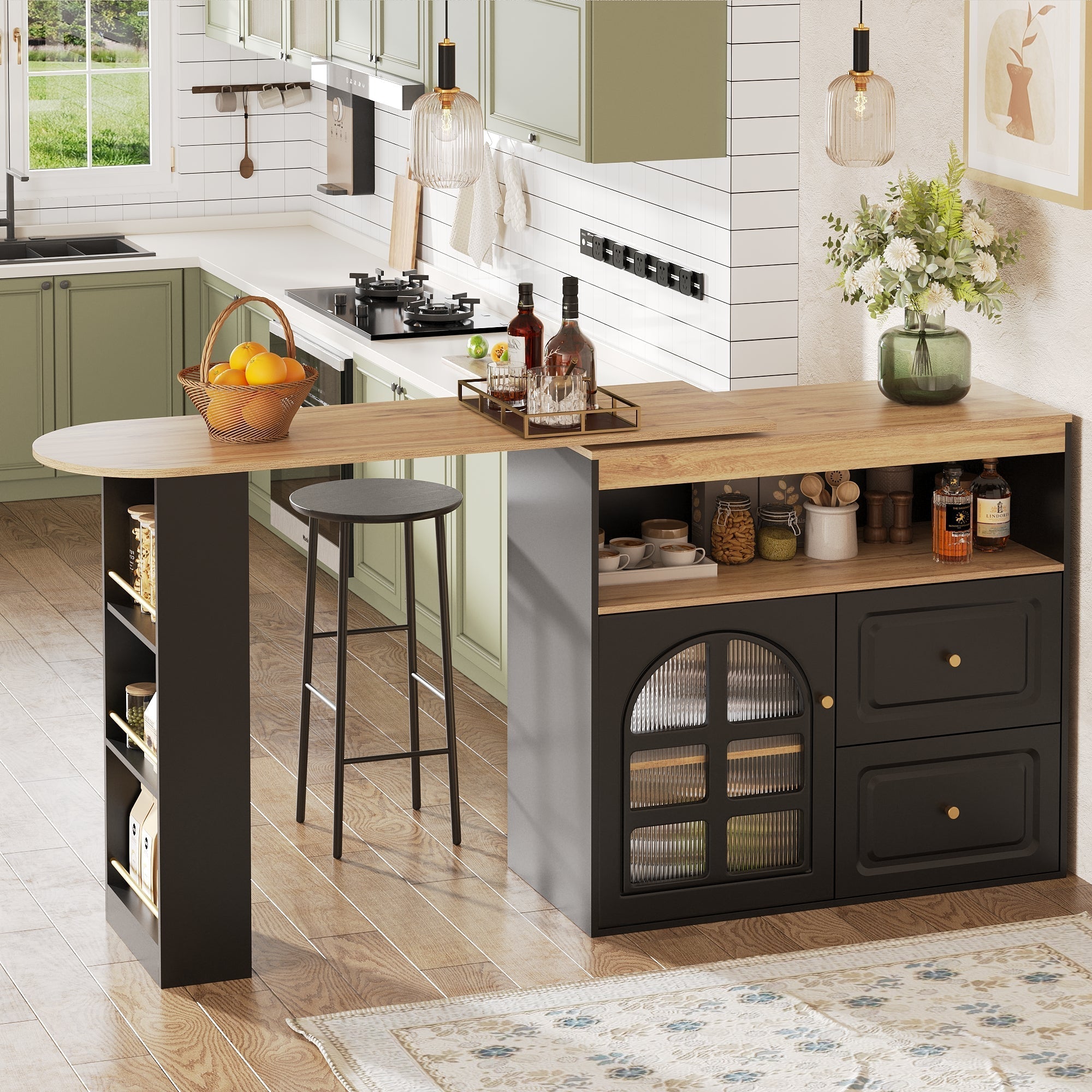 360° Rotating Dining Bar Storage with 2 Drawers Curved Glass - Black