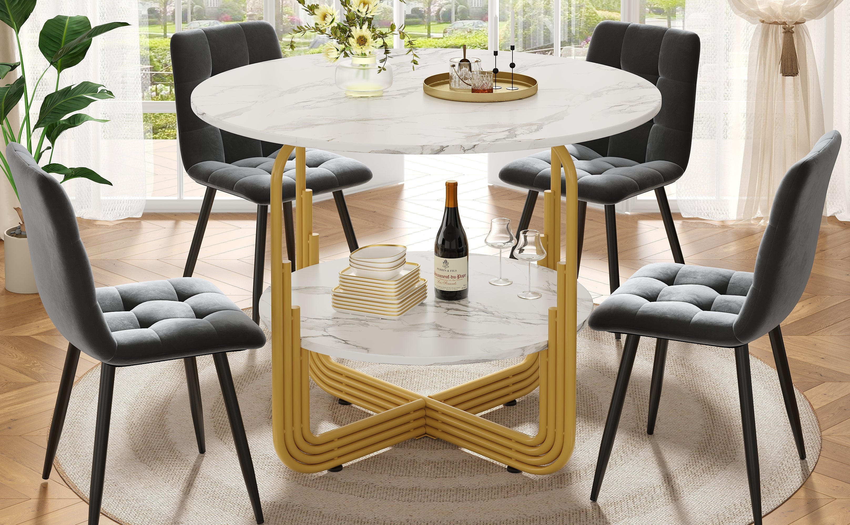 Round Dining Table 80x80x76cm 4-Person Storage Shelf MDF Marble Top