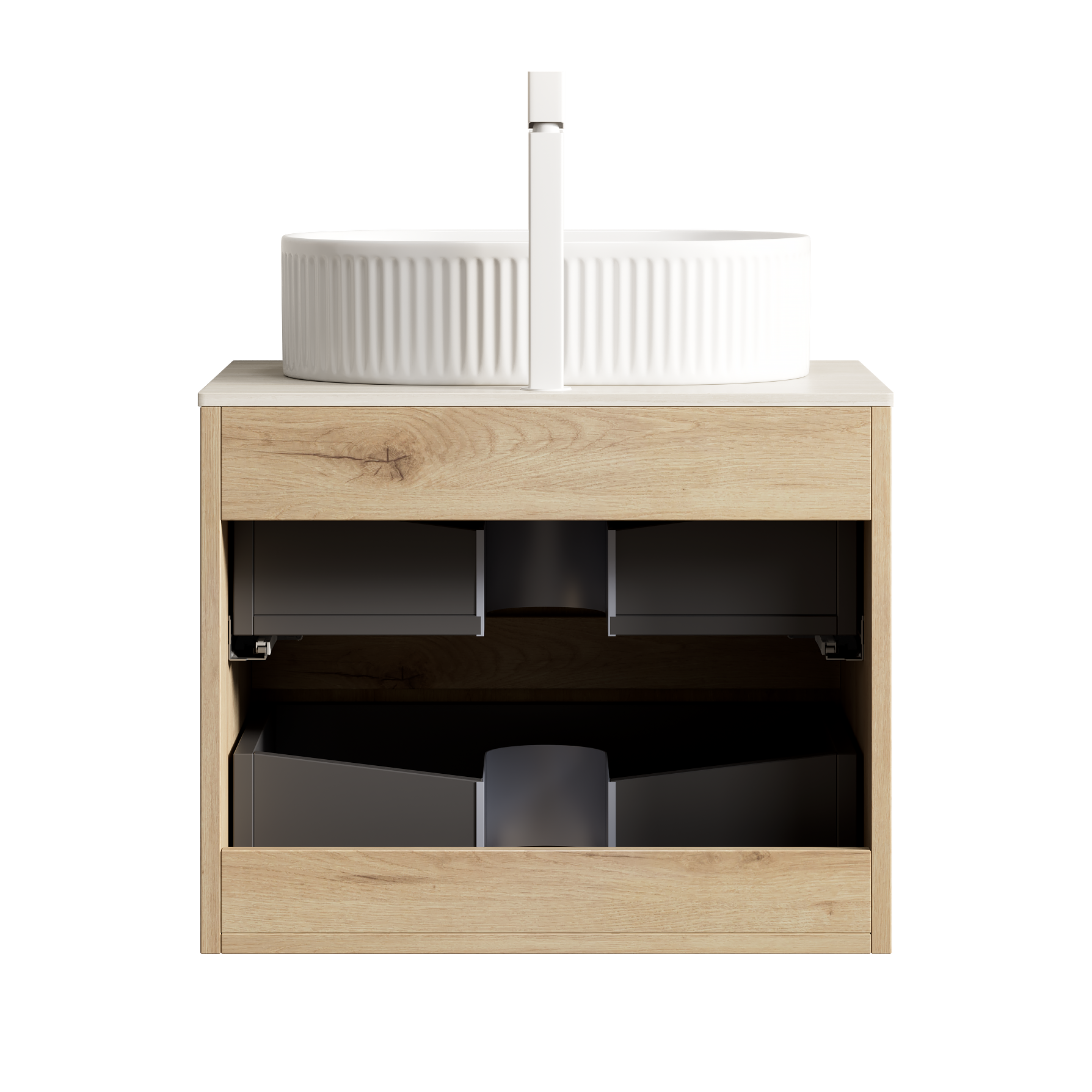 Floating Bathroom Vanity Unit with Oval Sink and Sintered Stone Top, White Oak Wood Grain