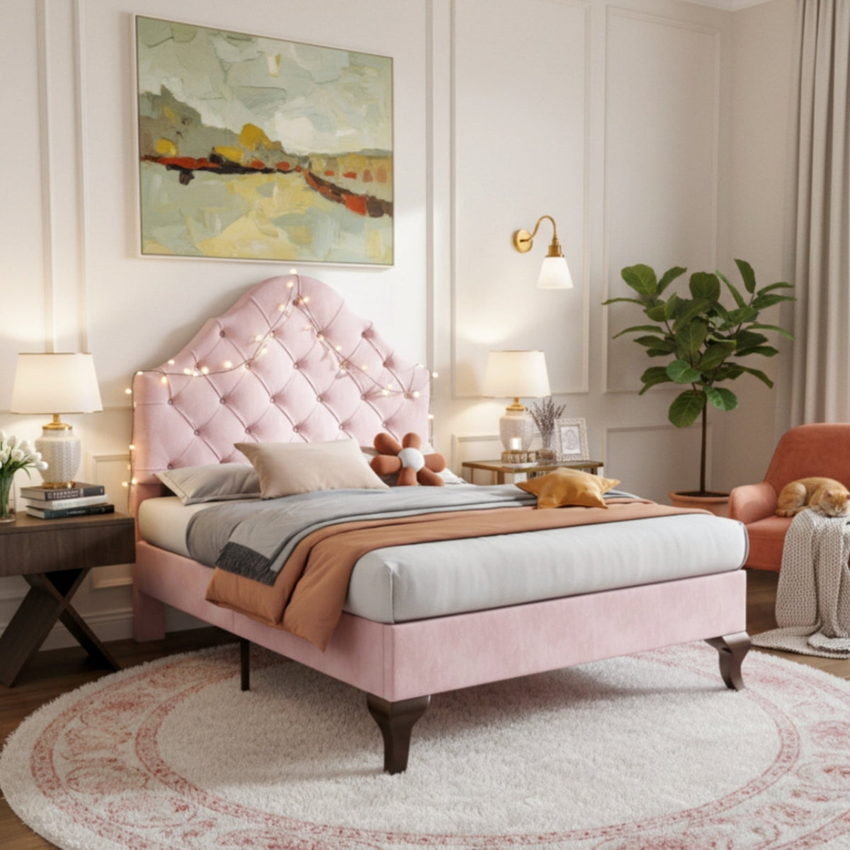 Upholstered Single Bed 90x200 Height-Adjustable Headboard Slatted Base Velvet Pink