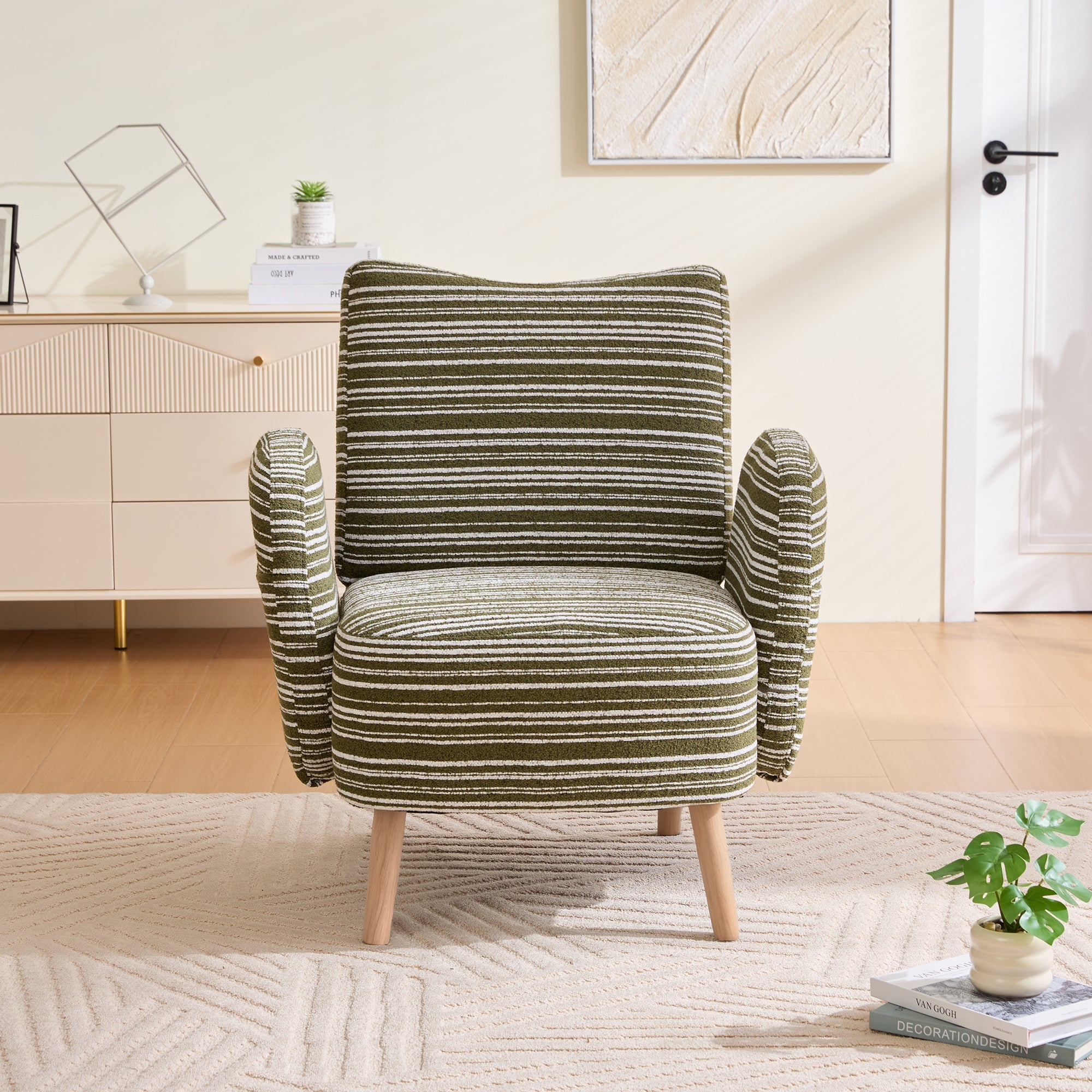 Modern Armchair with Side Pocket and Solid Wood Legs, Circular Pattern Fabric