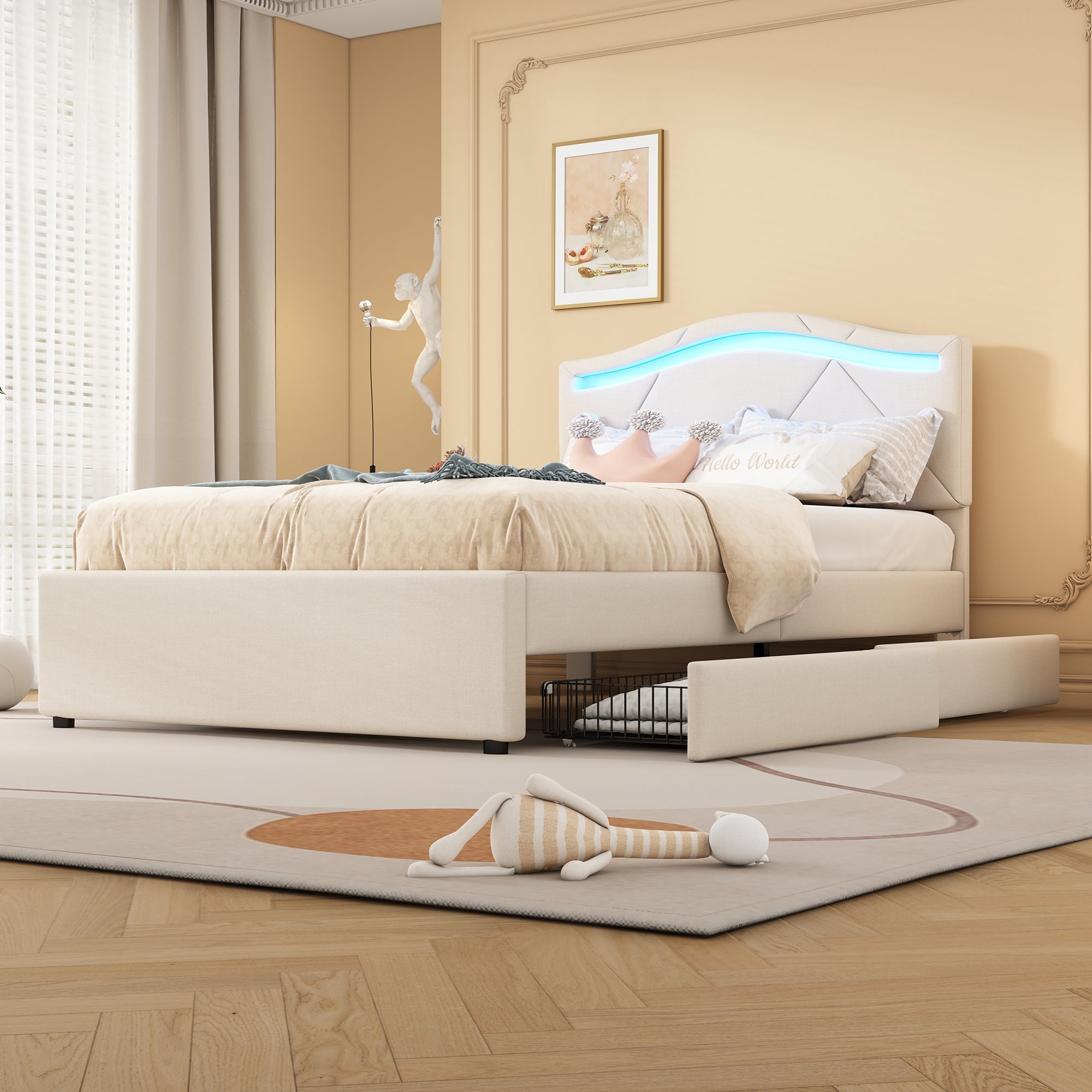 Upholstered Bed 90x200cm LED Lights 2-Drawer Adjustable Headboard Beige Linen