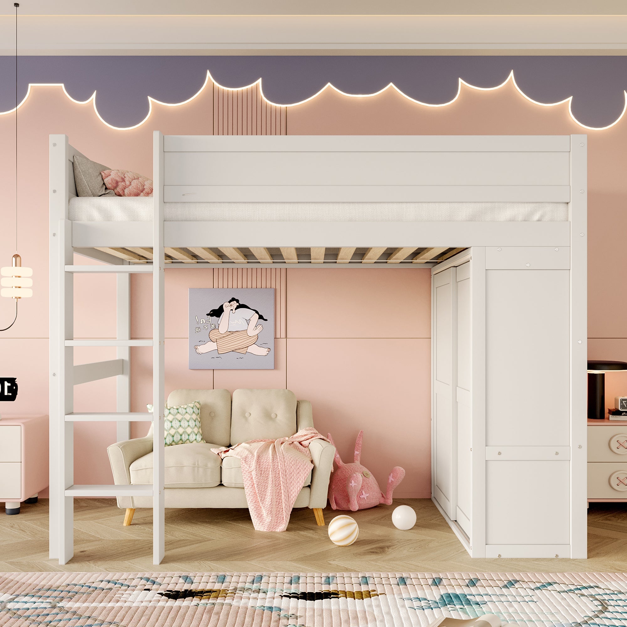 Loft Bed 90*200cm with Wardrobe, Storage, Open Space, Pine Wood, White