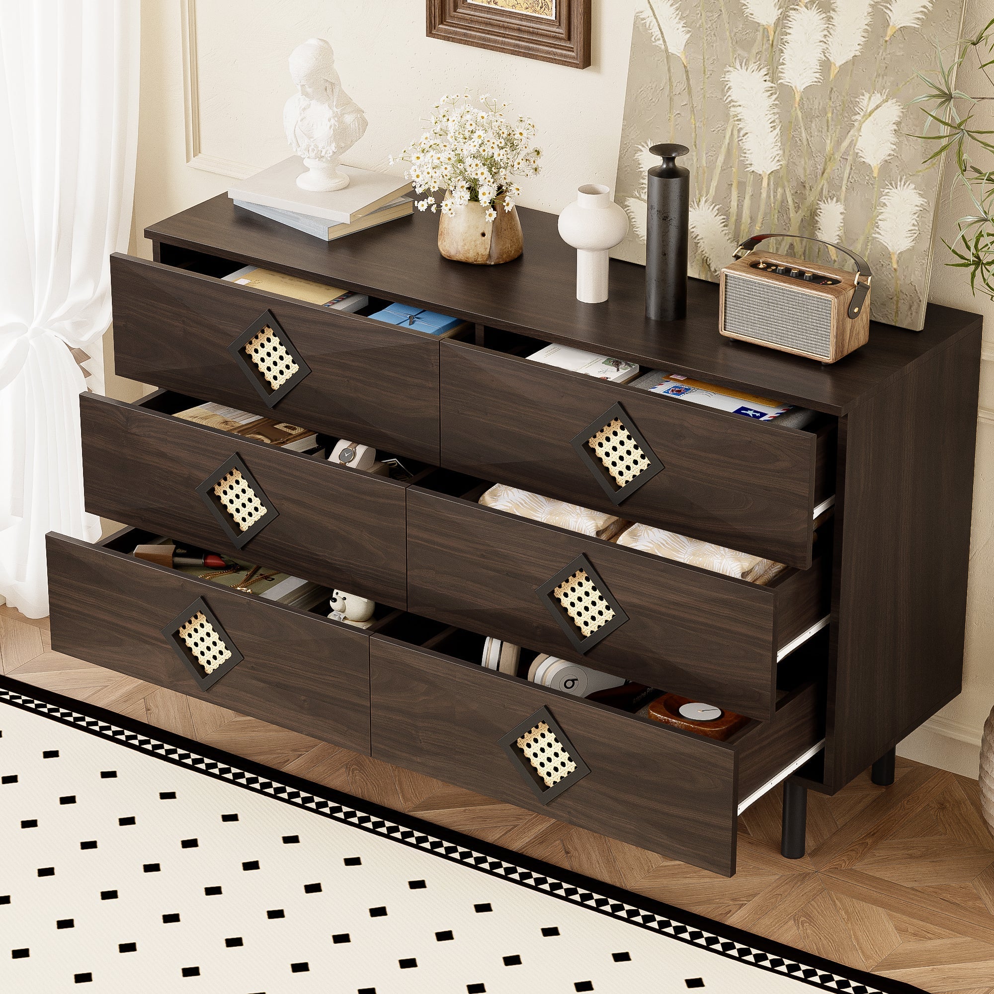 Dressing Table, 6-Drawer with Rattan Handle, Elegant for Bedroom & Living Room