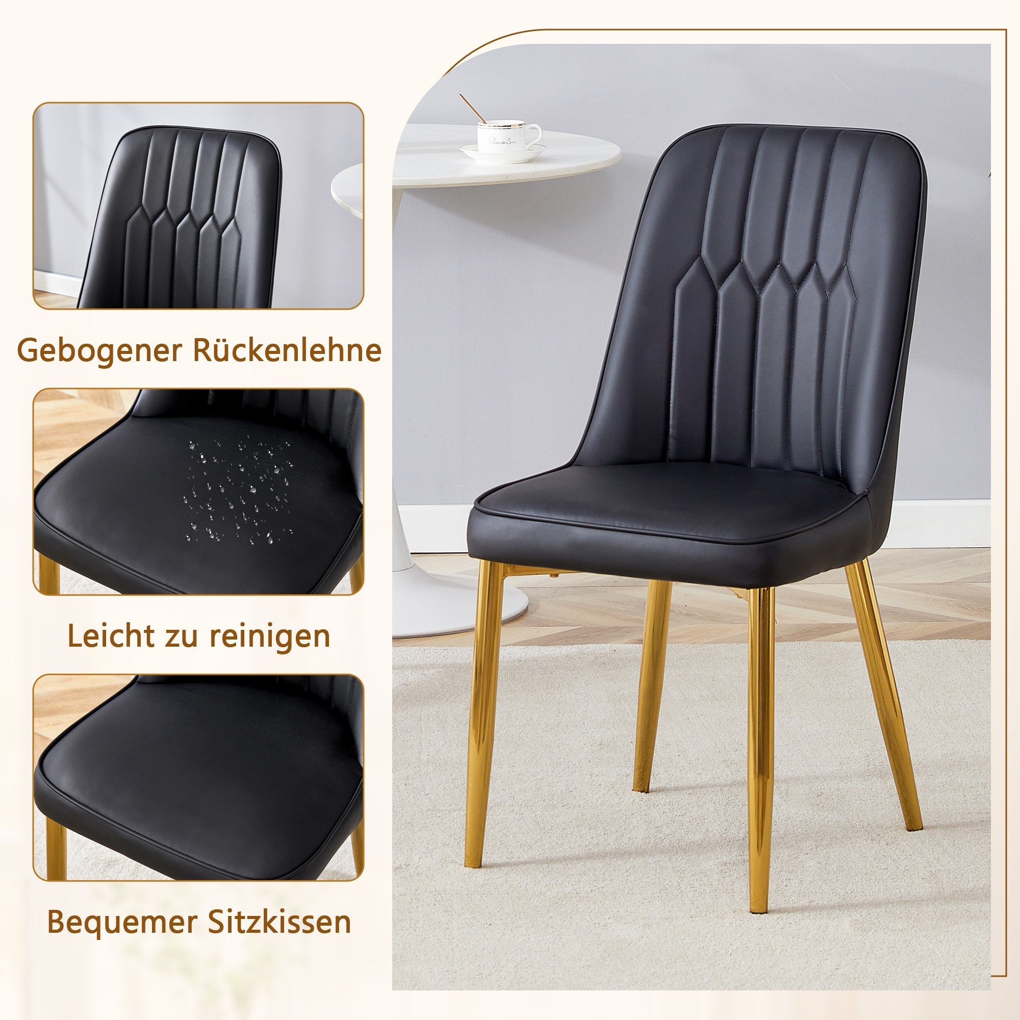 Dining Set 85cm Round Tempered Glass Table with 2 Black PU Chairs - Black/Gold