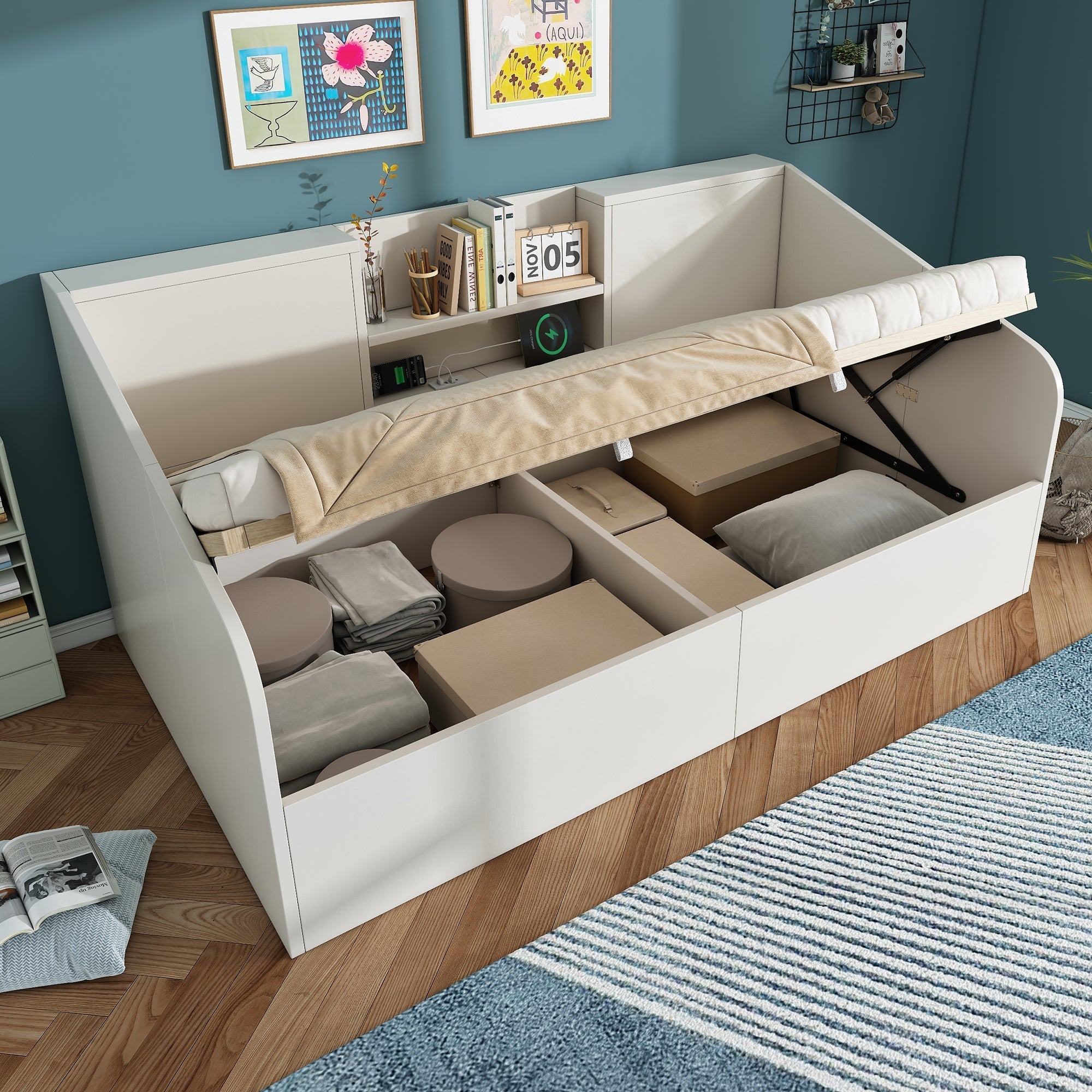 Hydraulic Daybed 90x190cm Storage USB/Type-C Charging 2 Shelves - White Wood