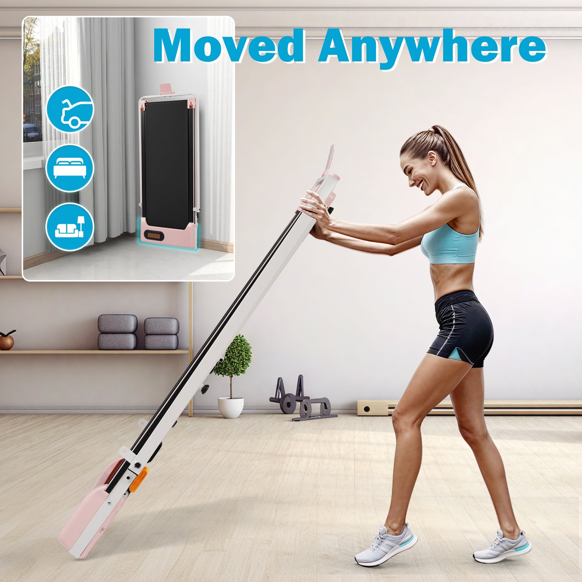 Folding Treadmill with Handrail & Adjustable Incline, Pink