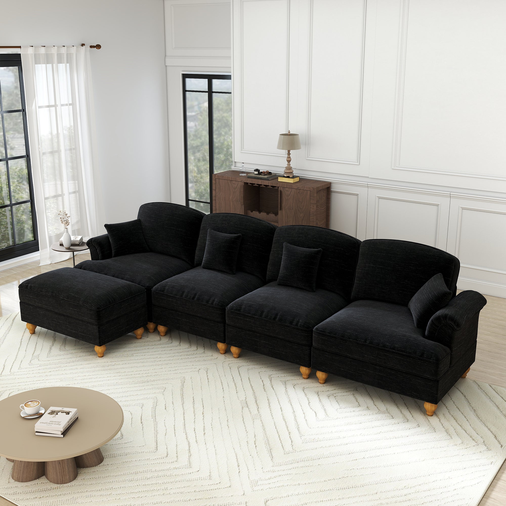 Classic L-Shaped Modular Sofa 4-Seater Movable Ottoman - Chenille Black