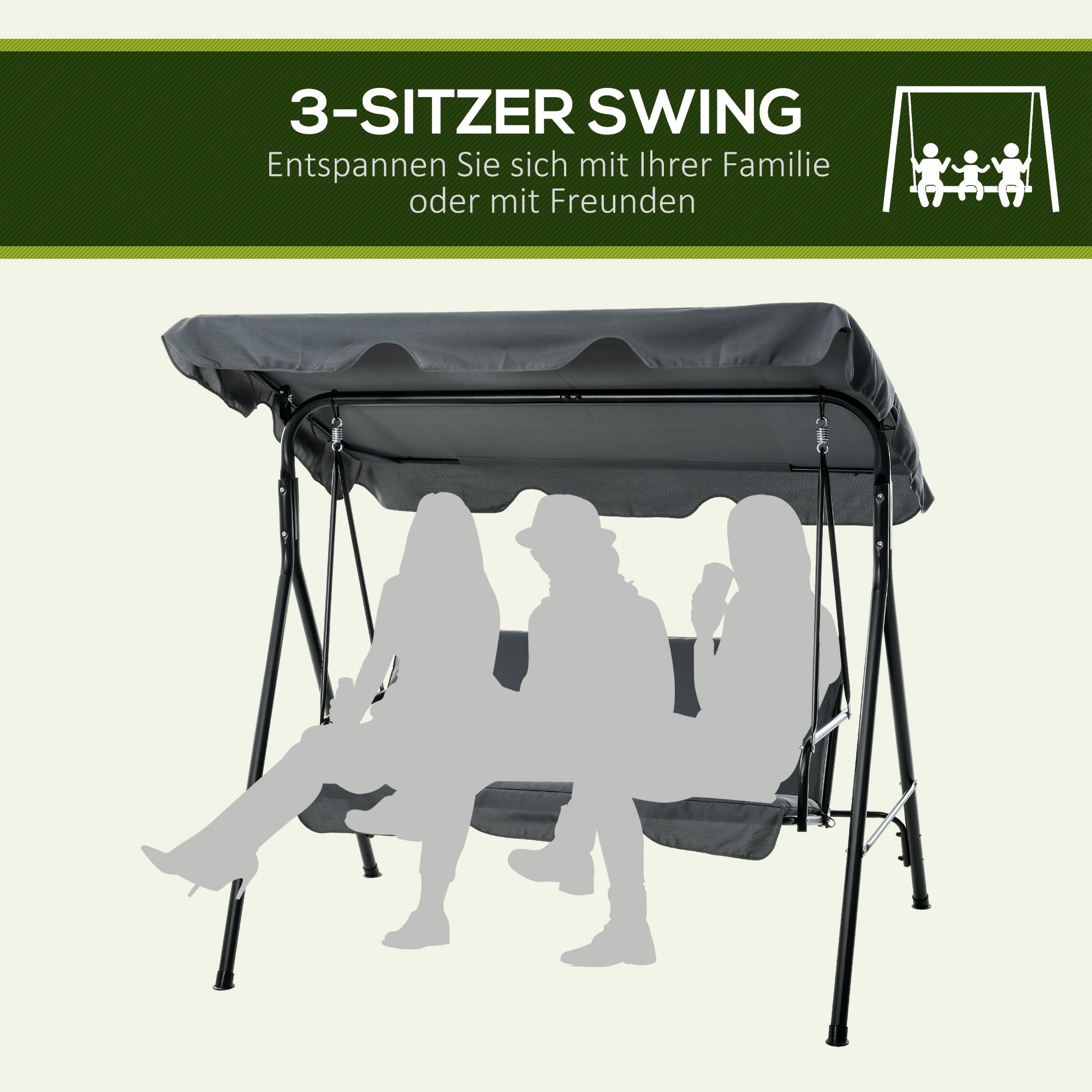 Outsuuny 3-Seater Hollywood Swing with Adjustable Sunshade, 240 kg Load Capacity, Grey