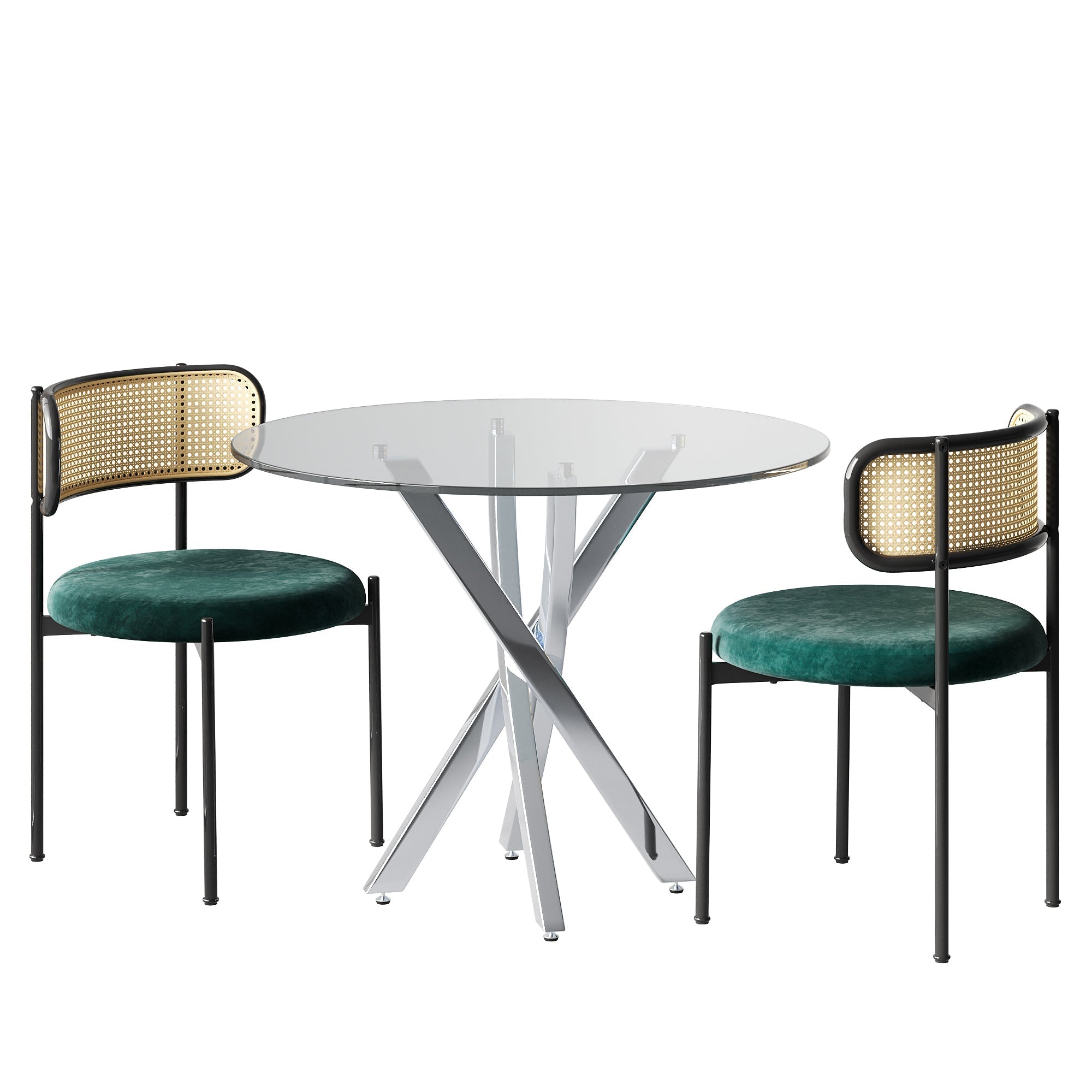 Dining Table Set with Tempered Glass Tabletop and 2 Chairs, Green and Silver