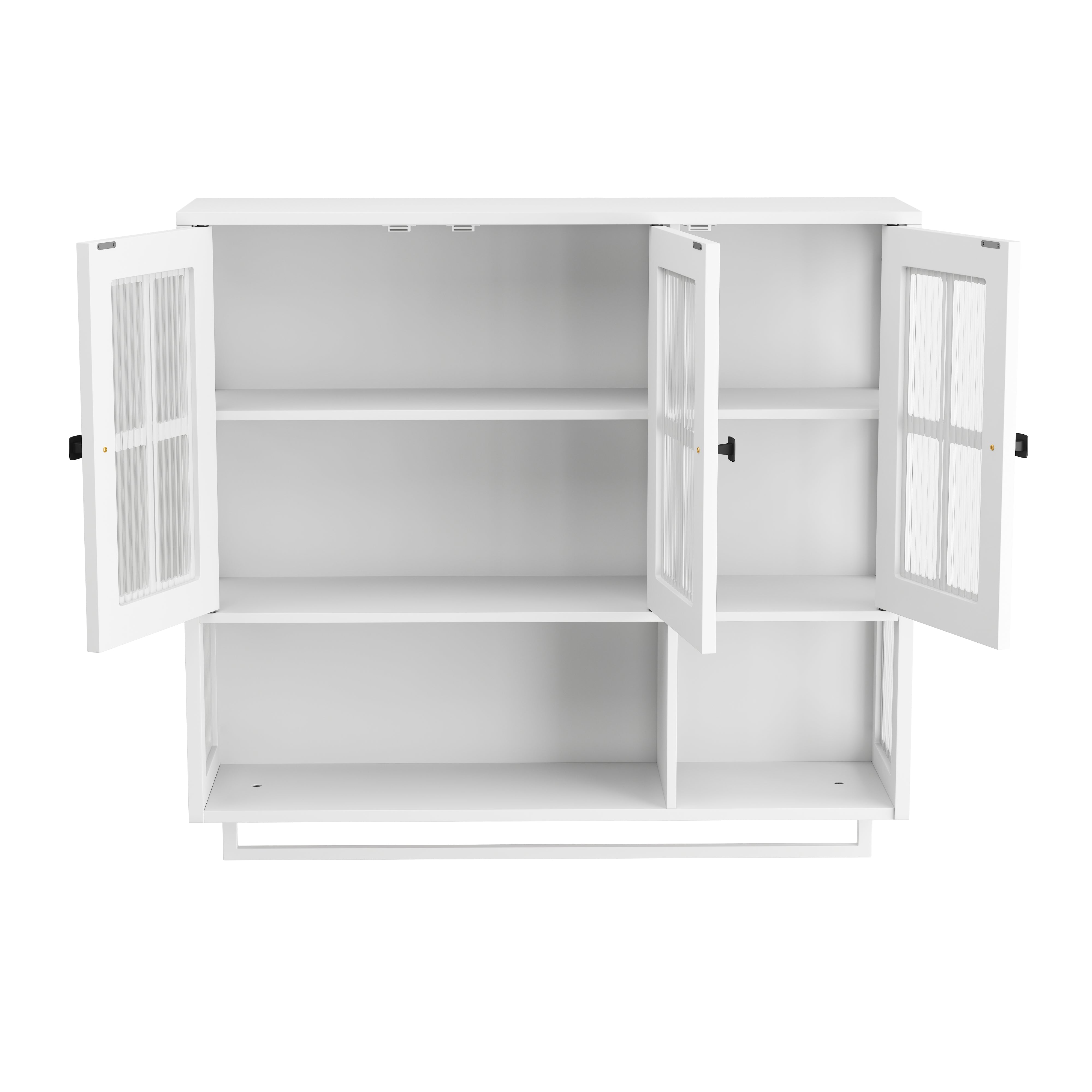Bathroom Wall Cabinet, 3-Door Wooden with Open/Hidden Storage & Towel Bar, White