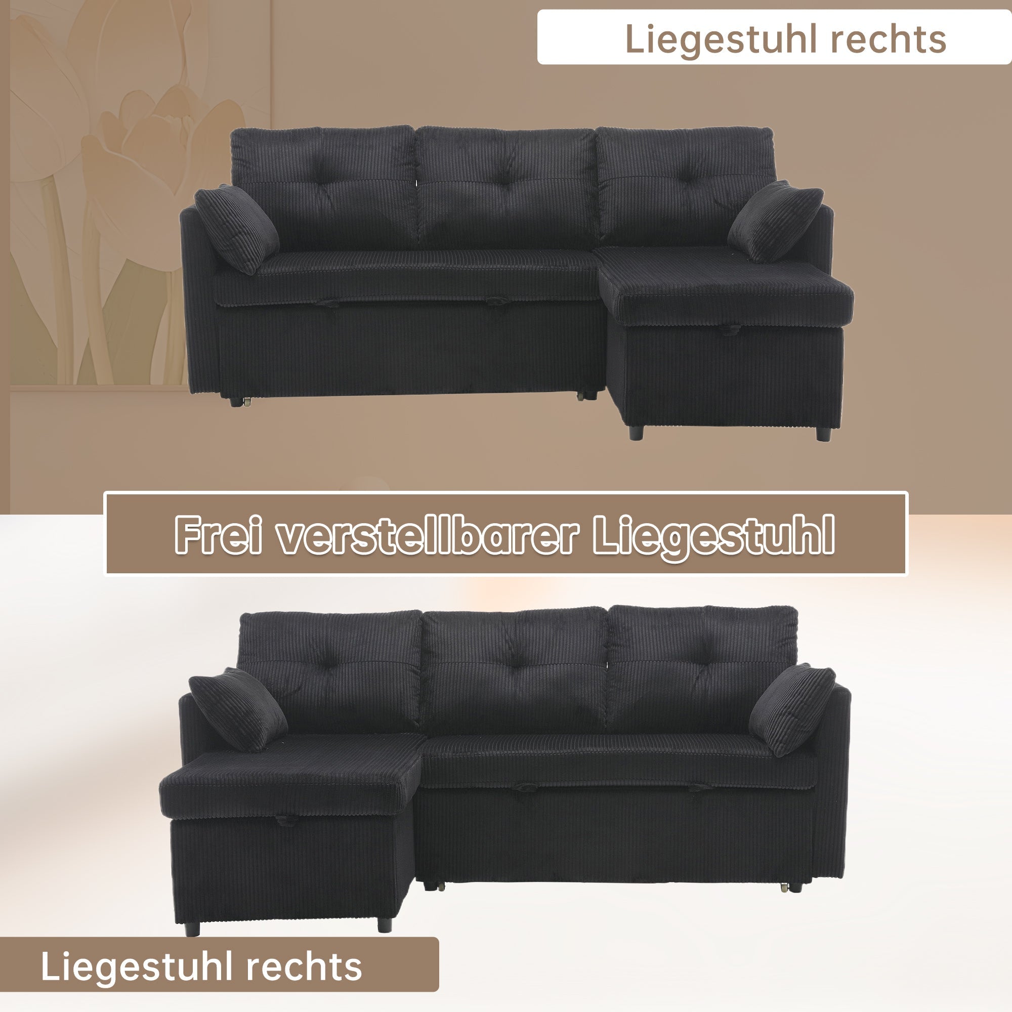 Sofa Bed, Multi-functional with Storage & Pull-Out Bed, L-Shaped Sectional