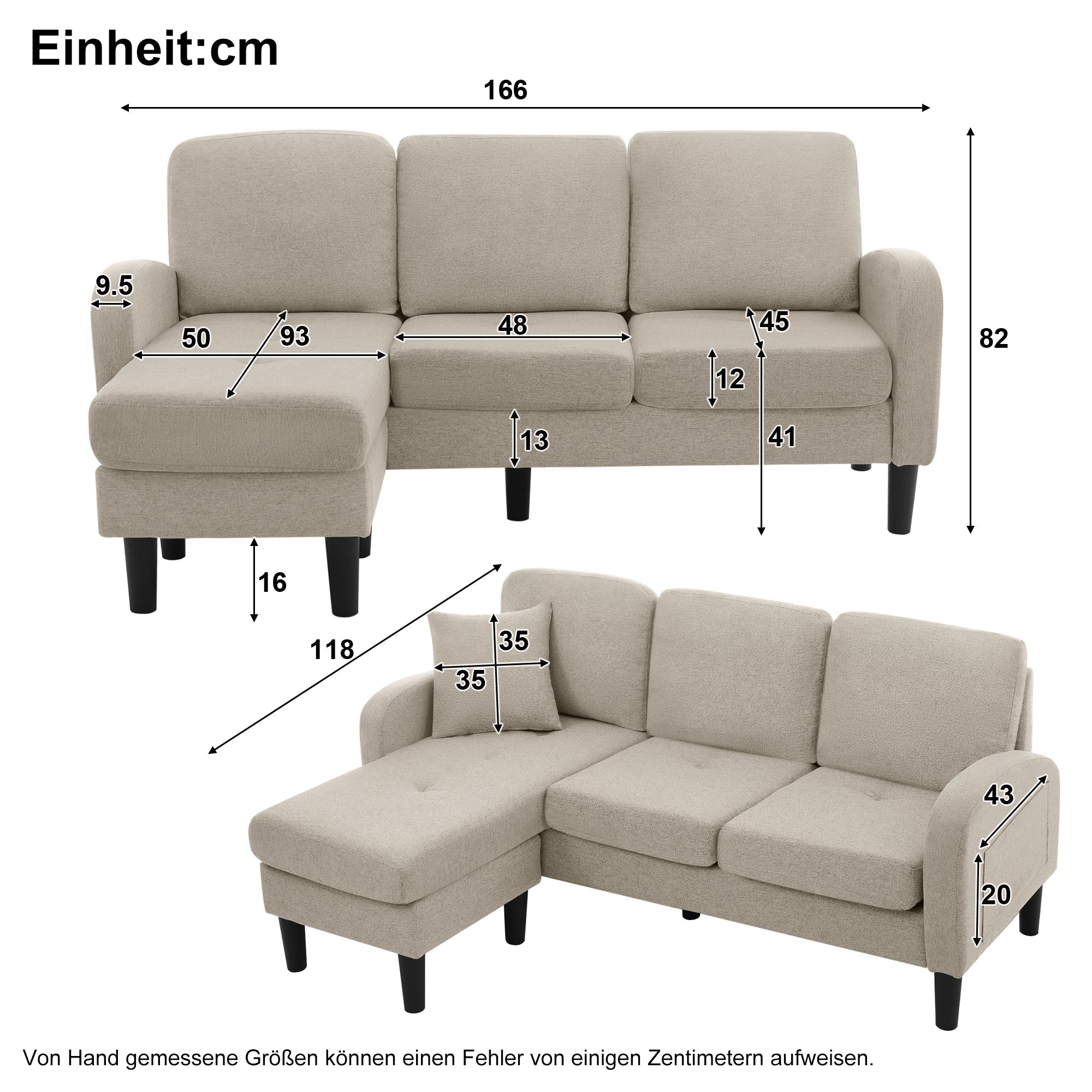L-shaped Corner Sofa with Chaise Lounge, 3-Seater Modular Design, Cotton-Linen Fabric
