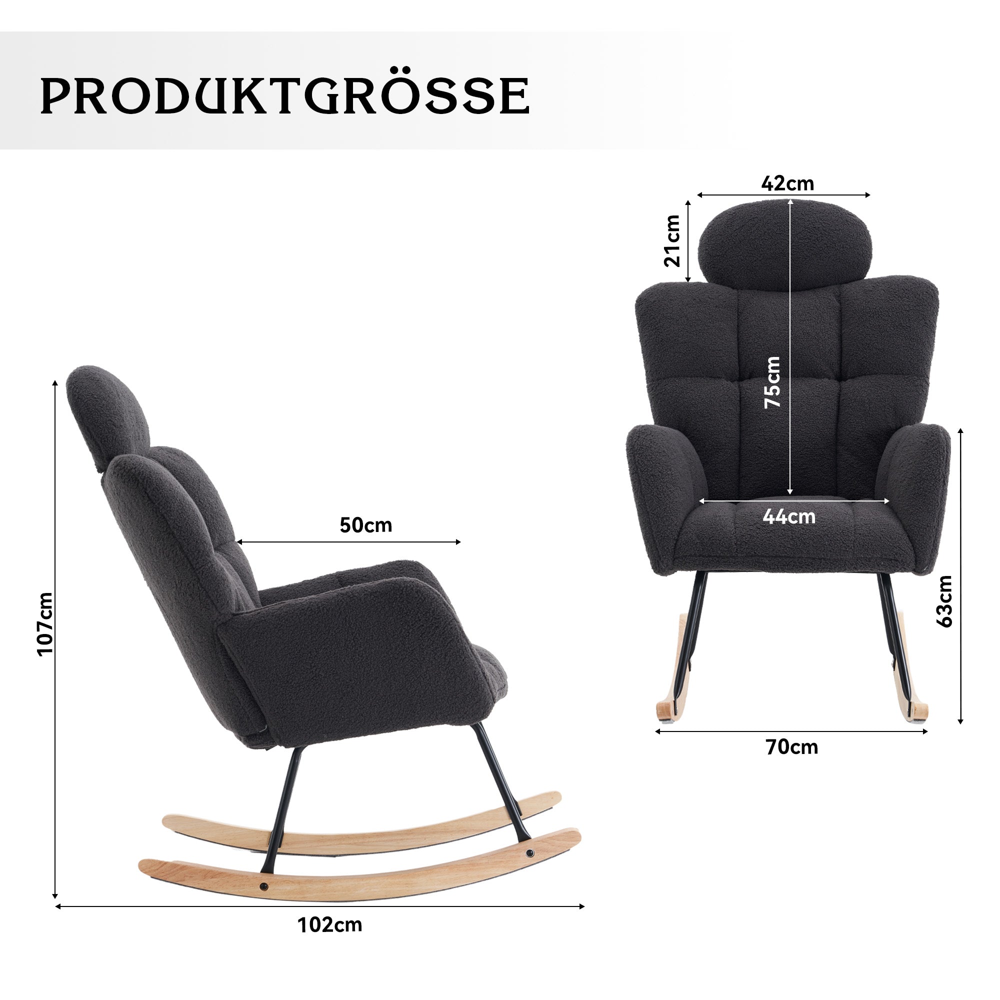 Rocking Chair, Tufted Upholstered Seat, Dark Grey Teddy Fabric