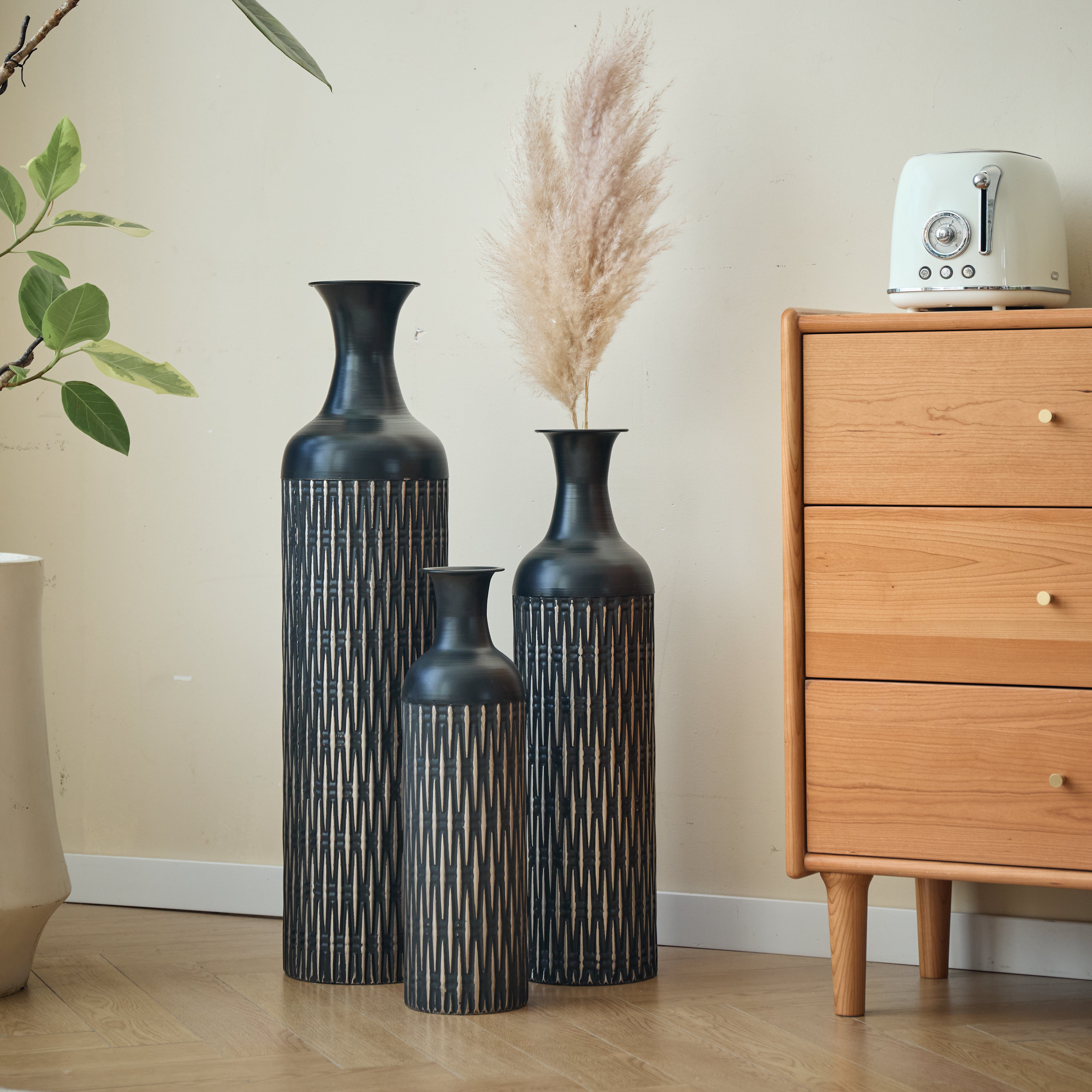 Black Floor Vase Set, 83/65/50cm High 3-Piece Retro Decorative, Metal