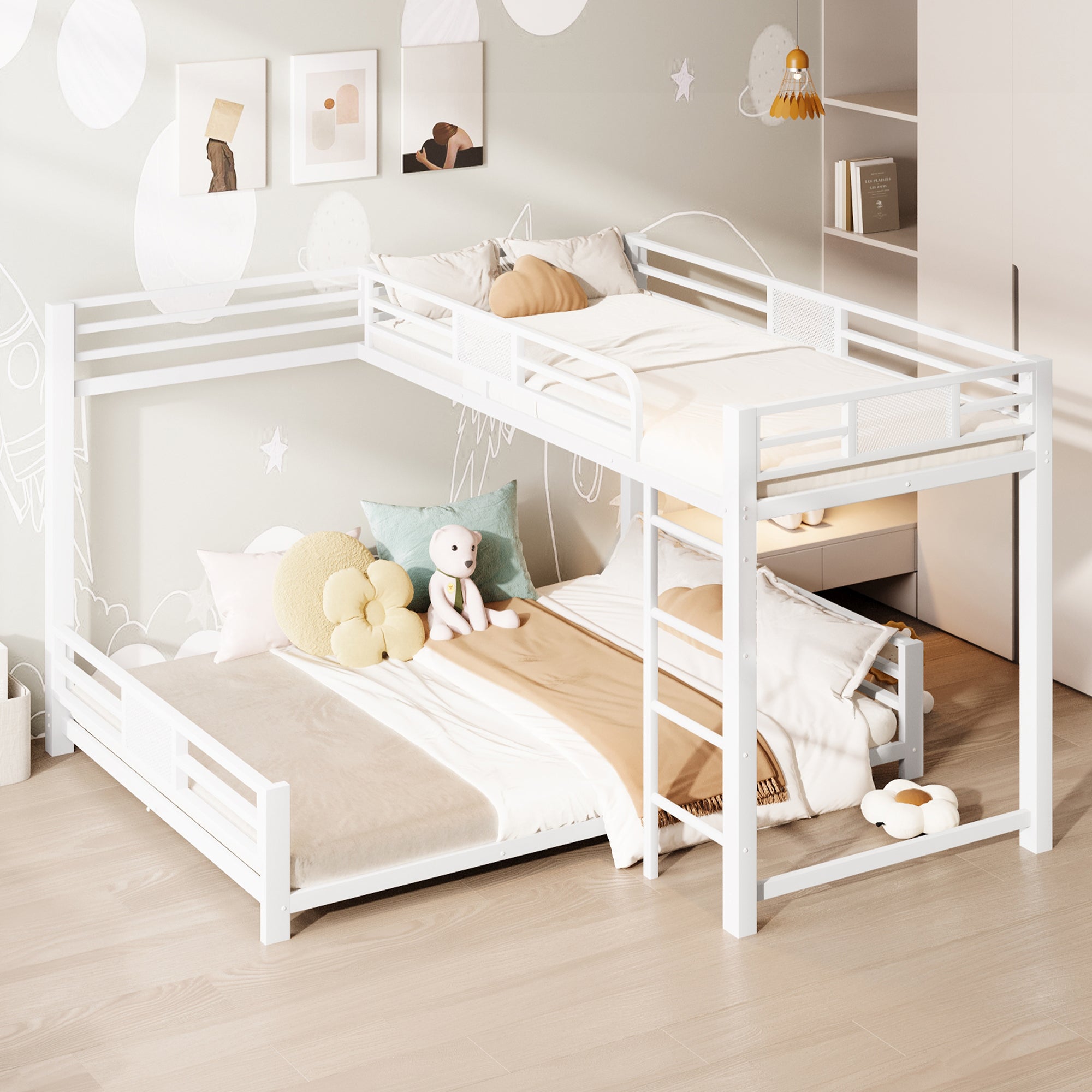 L-Shaped Bunk Bed with 90x200 and 140x200 Metal Frame, White