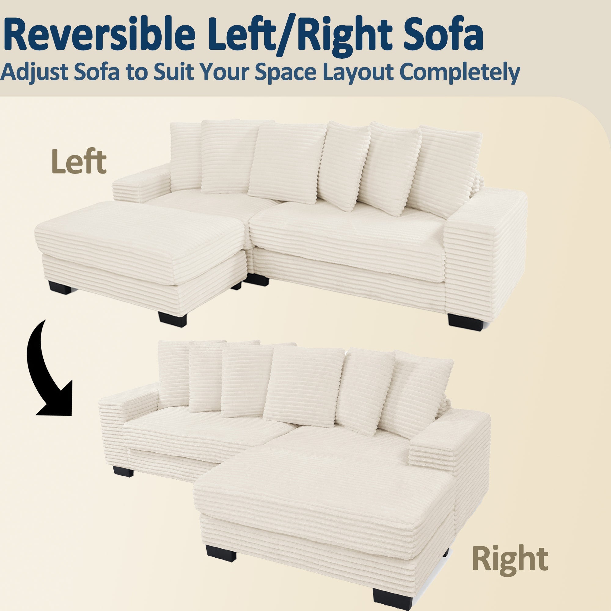 L-shaped Corner Sofa, 4-Seater Modular with 6 Cushions, Beige Corduroy