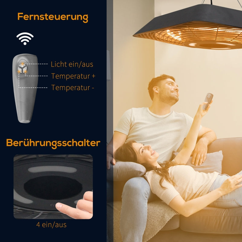 Ceiling Heater, 800W/1200W/2000W 5 Modes Radiant Heater, IP45 Electric Patio Heater with Remote Control, Aluminum Glass Black