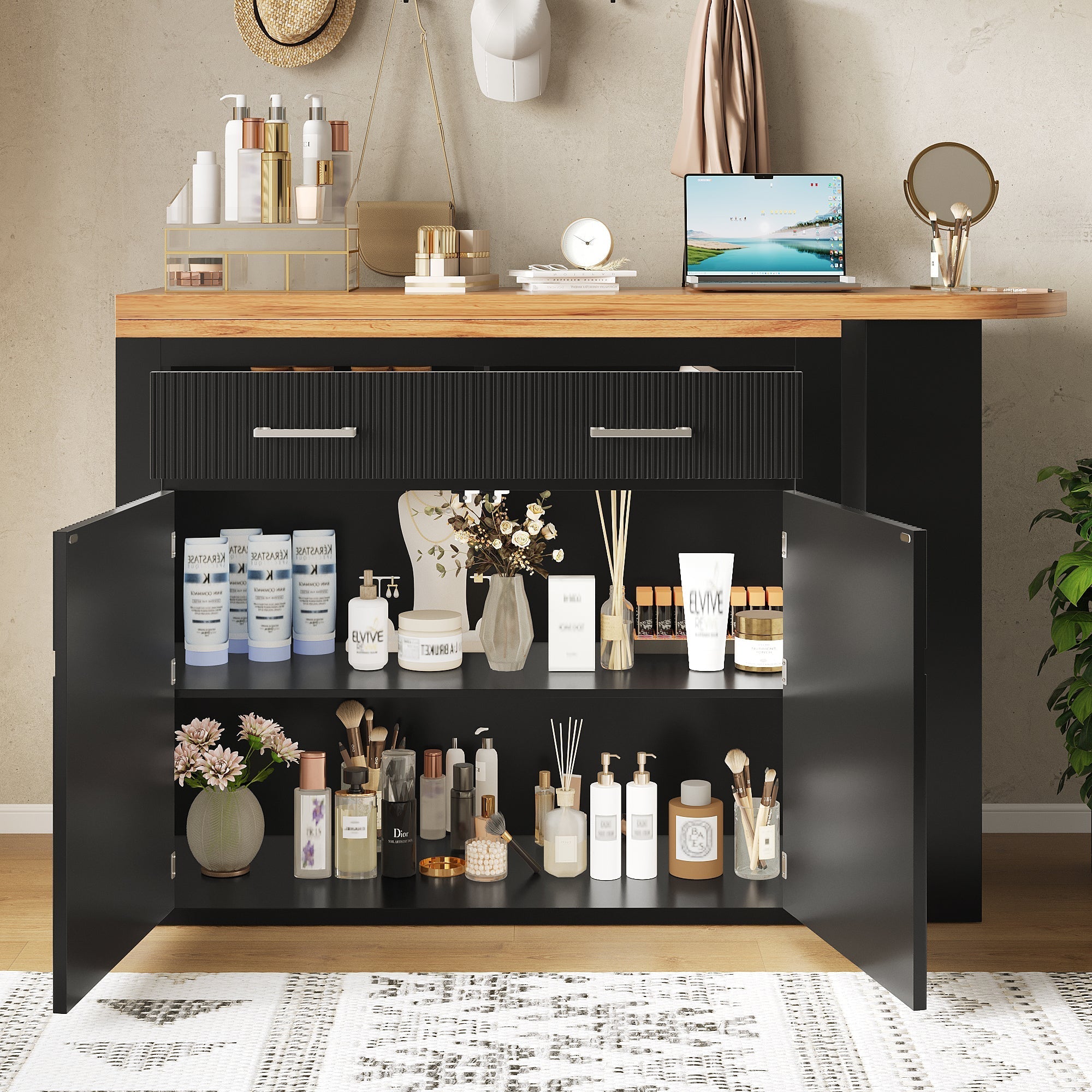 Extendable Bar Table Telescopic Storage Drawer Shelves - Black