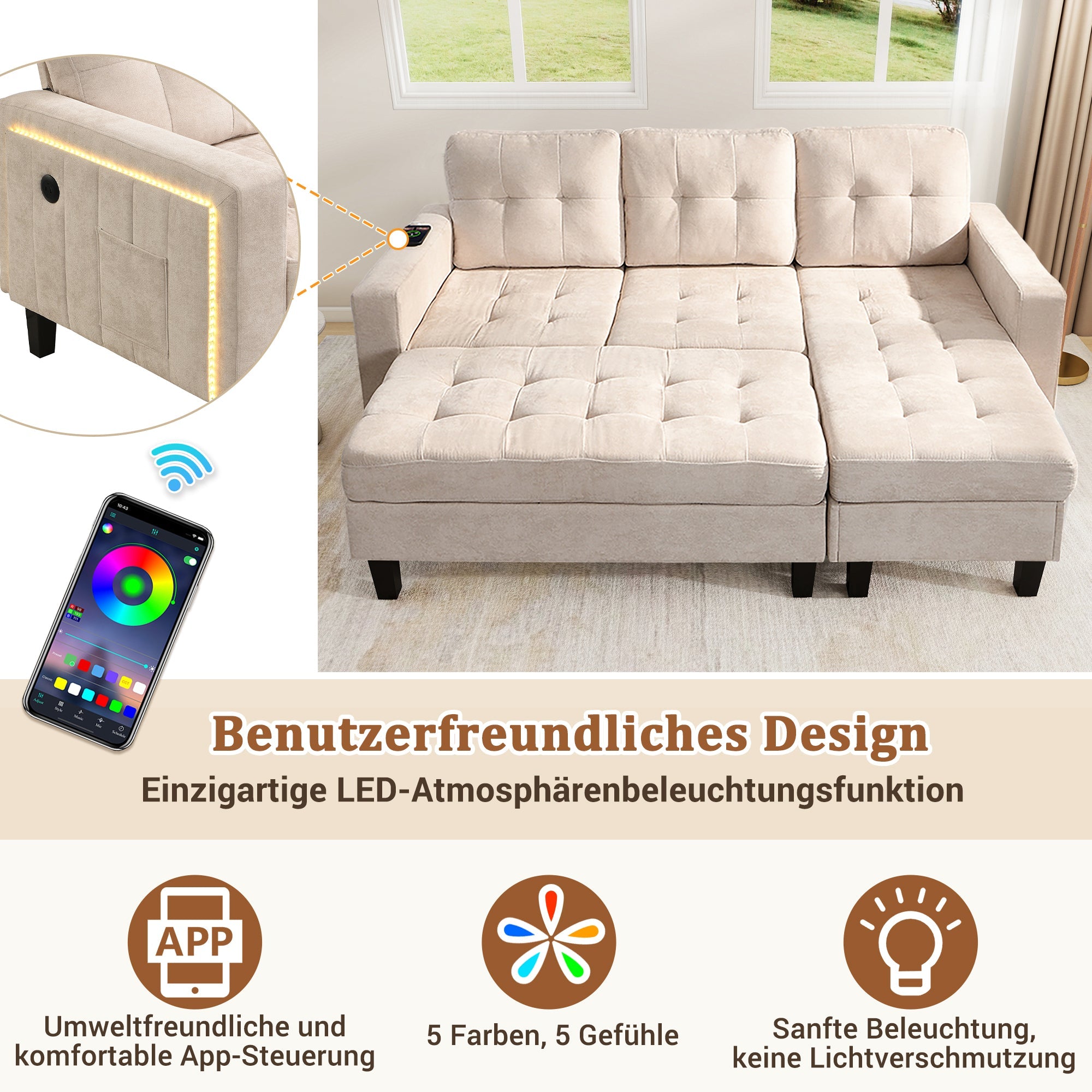 Sofa Set, L-Shaped Modular with Movable Footstool & LED Lighting