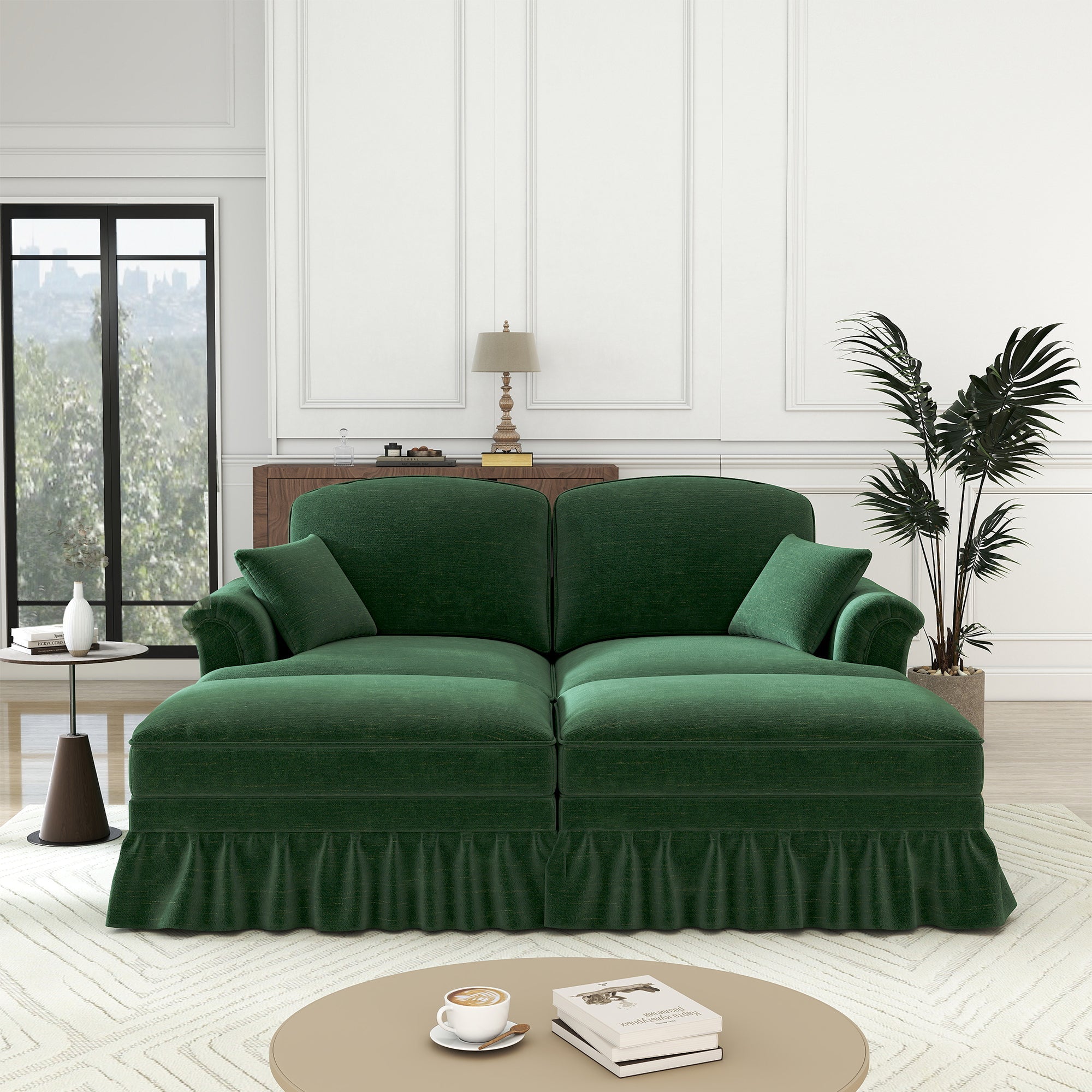 Classic Modular 2-Seater Sofa Movable Ottoman Funnel Armrests Chenille Green