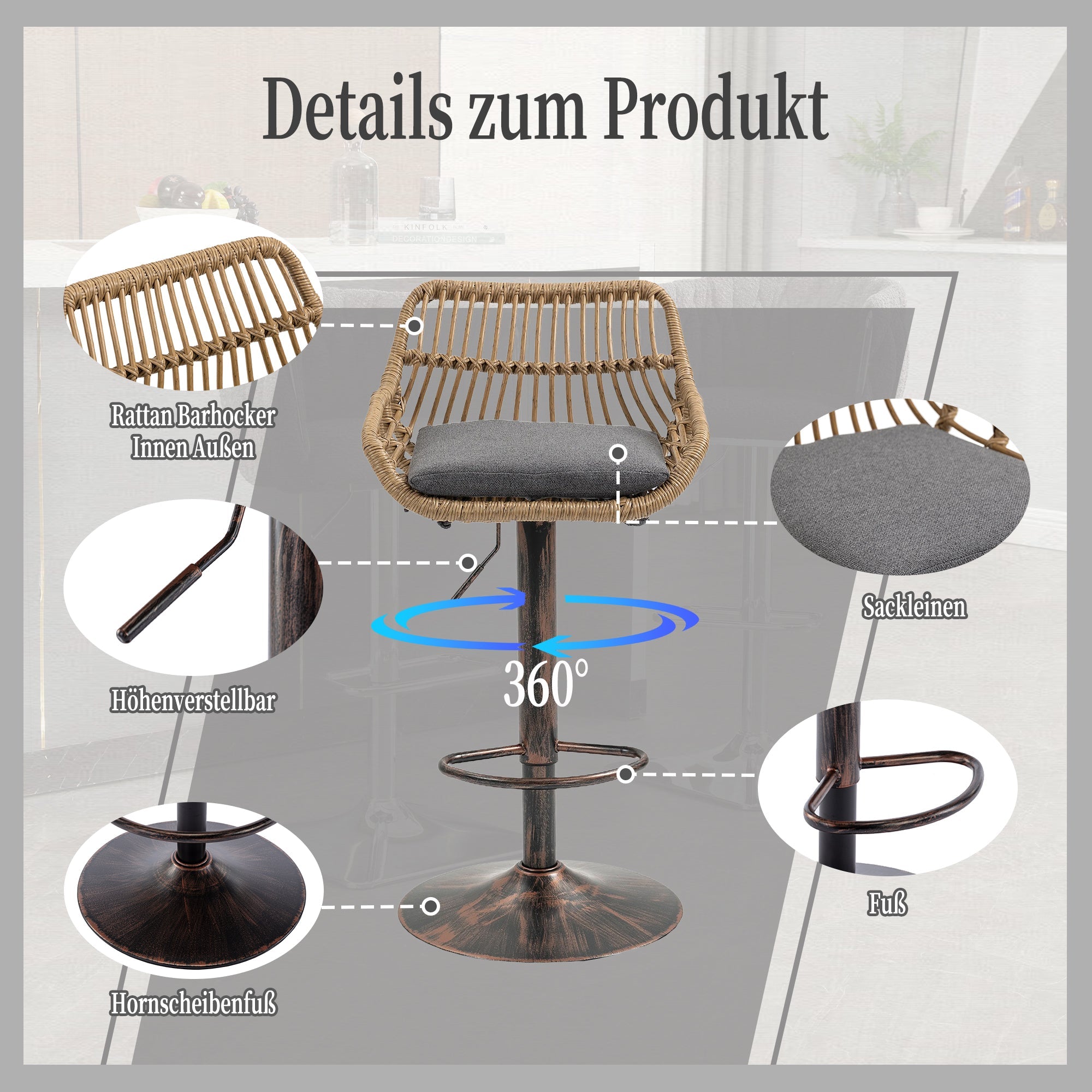 Modern Bar Stool Set of 2, Adjustable, Footrest, Gray