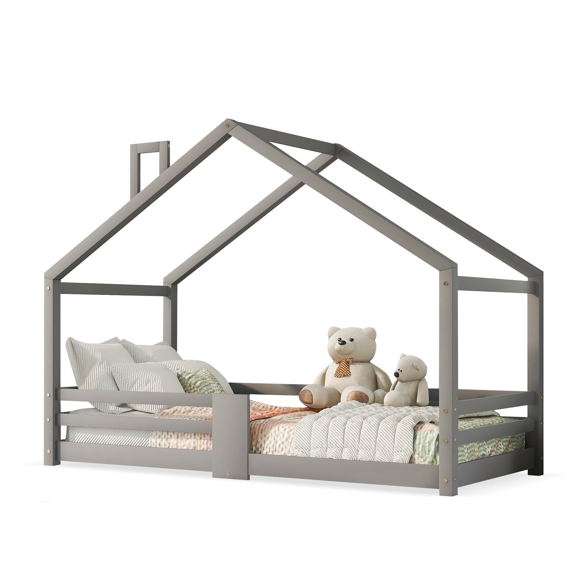 Children's House Bed with Chimney & Fall Protection, Pine Wood, Grey
