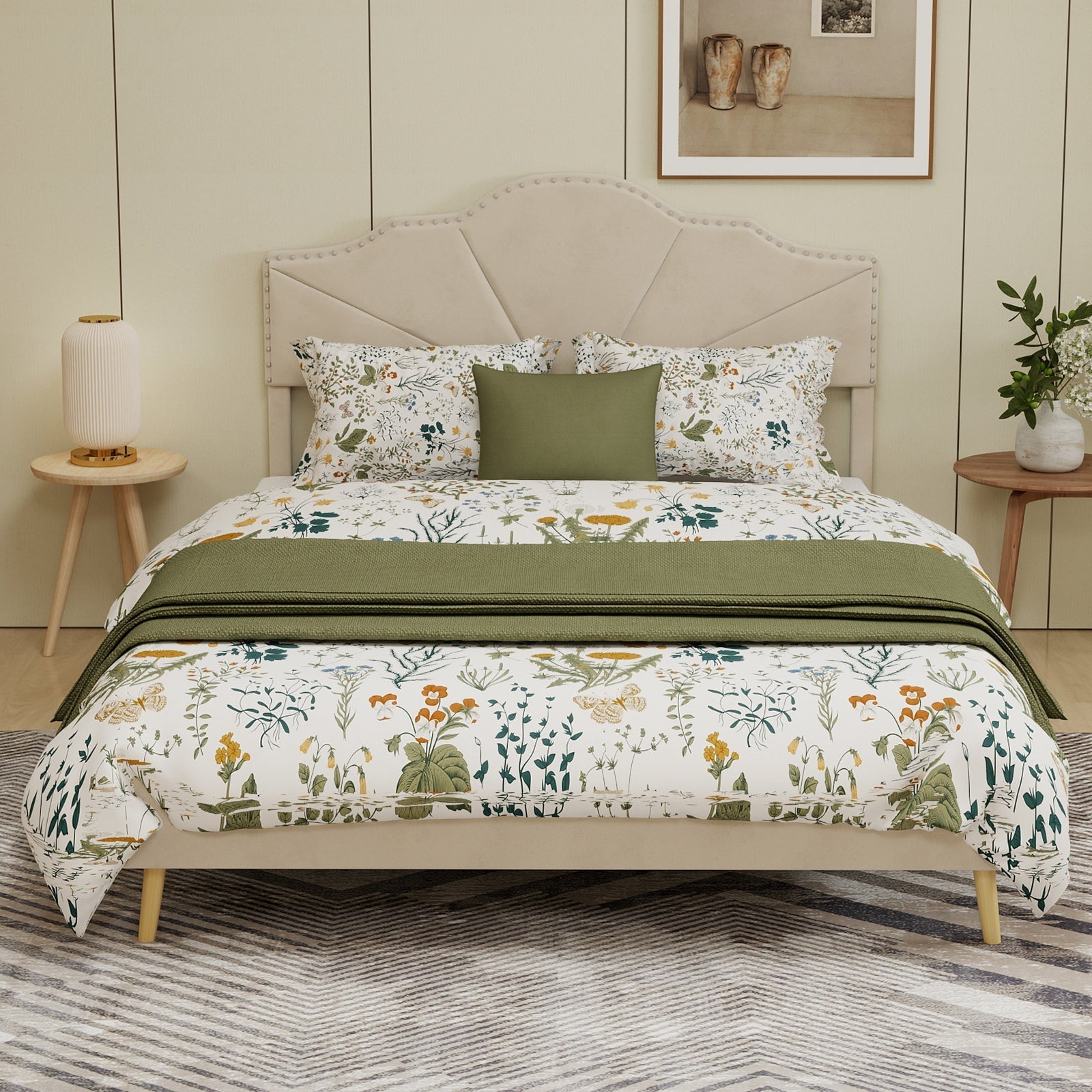 Modern Minimalist Soft Bed, Comfortable Soft Headboard 160x200cm Low Box, Beige