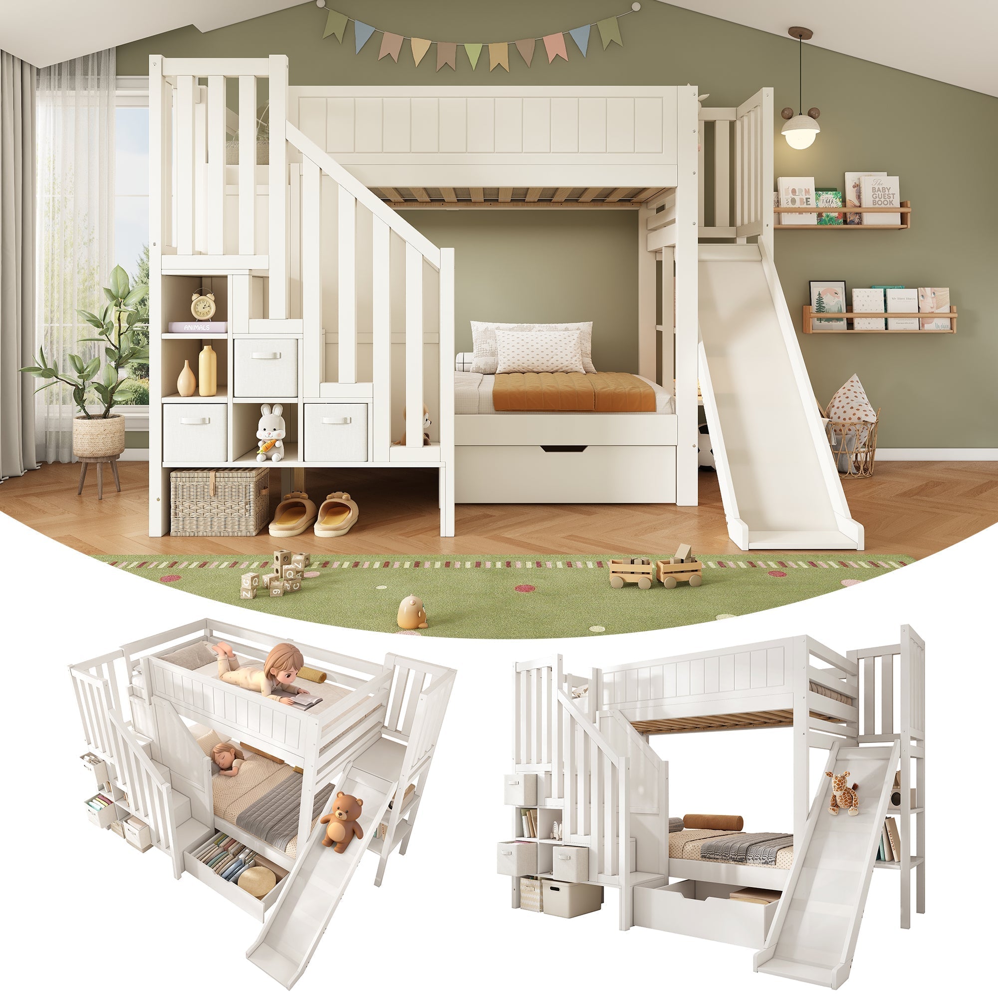 Children's Bunk Bed with Slide, Ladder Wardrobe, Drawers and Shelf, 90x200cm, White