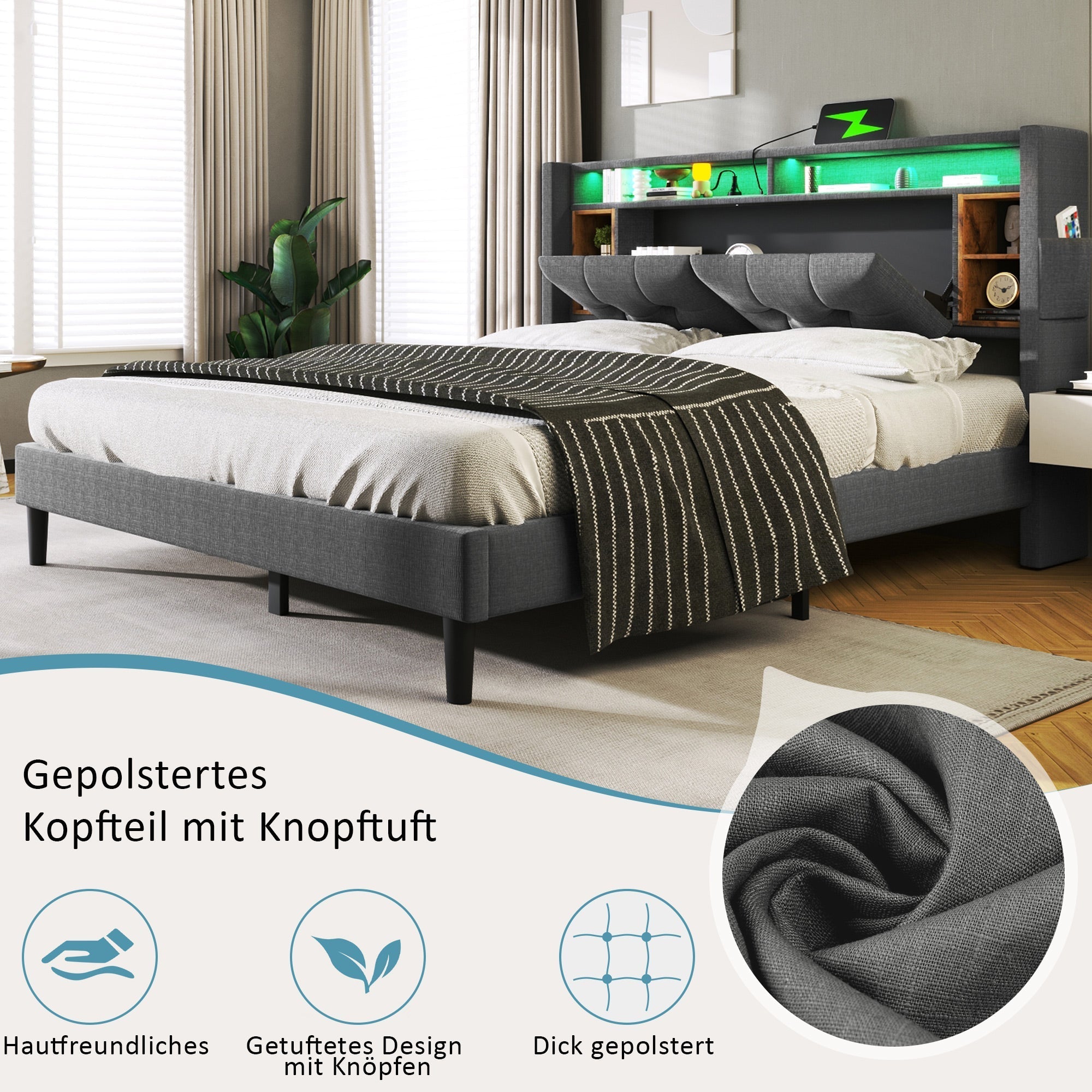 Upholstered Double Bed with Storage Headboard, USB & LED, Wooden Slats, Grey