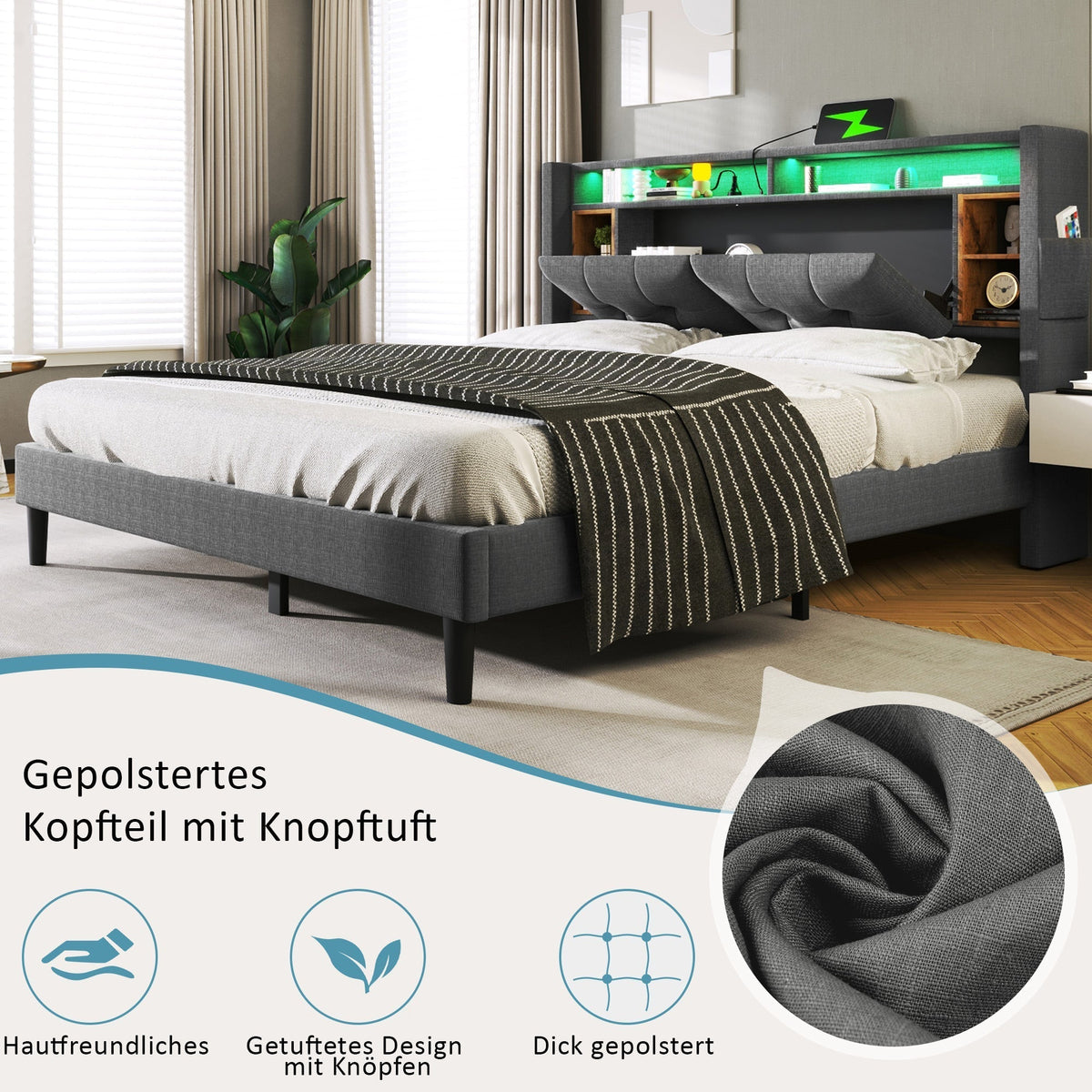 Upholstered Double Bed, Storage Headboard USB LED 160x200cm, Grey
