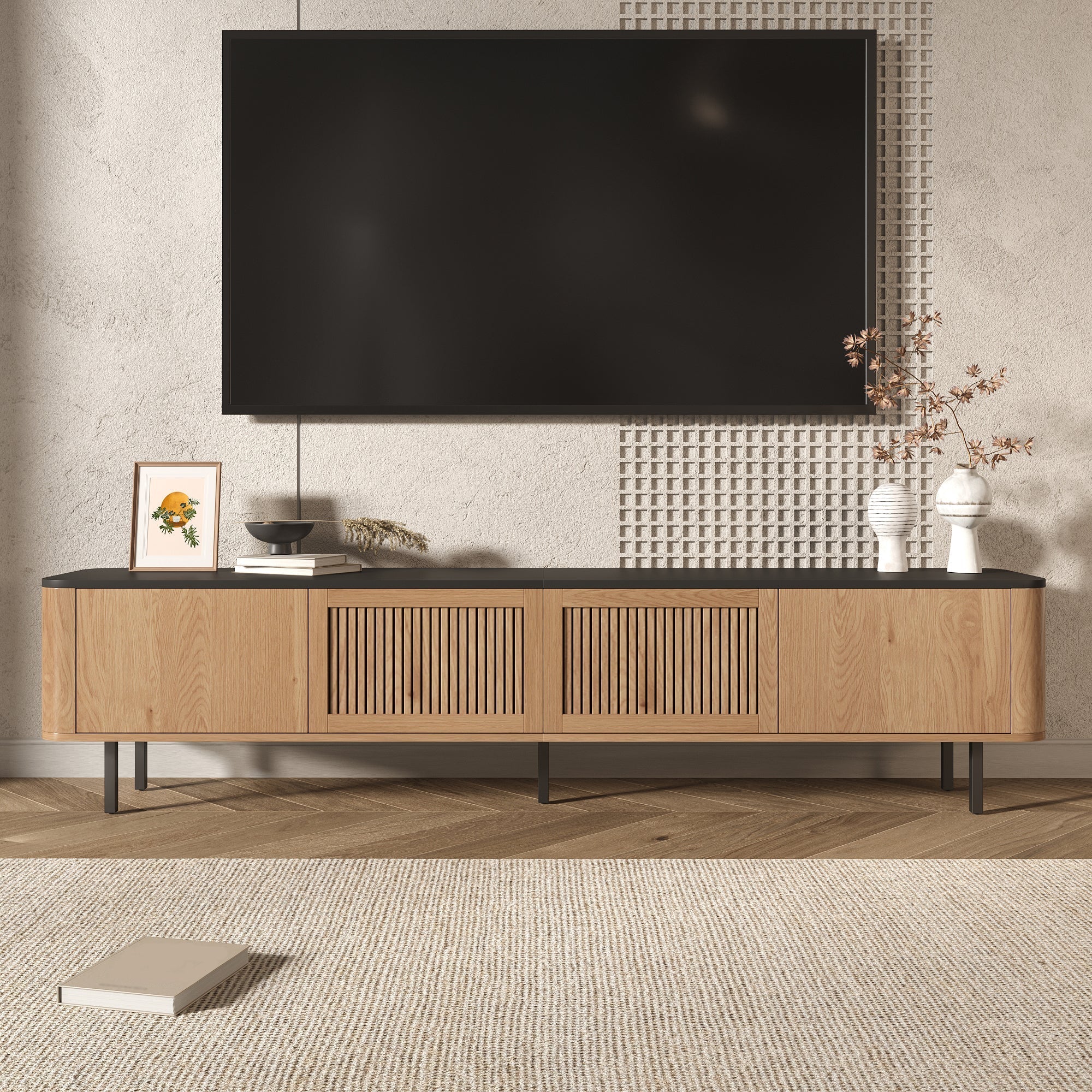Modern TV Cabinet with Mesh Doors and Storage Compartments, Black and Oak finish