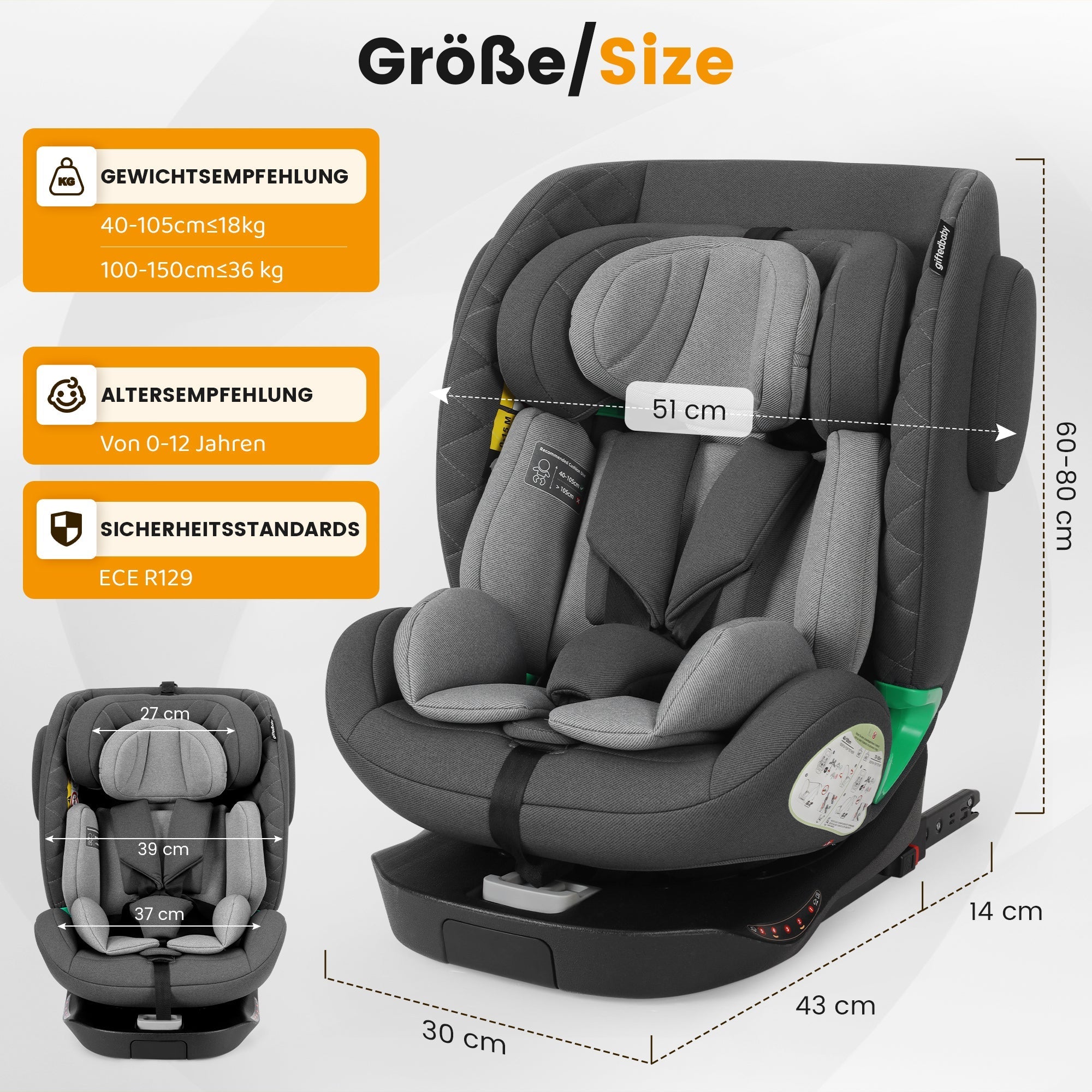 Child Car Seat 360° Rotating i-Size ISOFIX 40-150cm (0-36kg) Grey