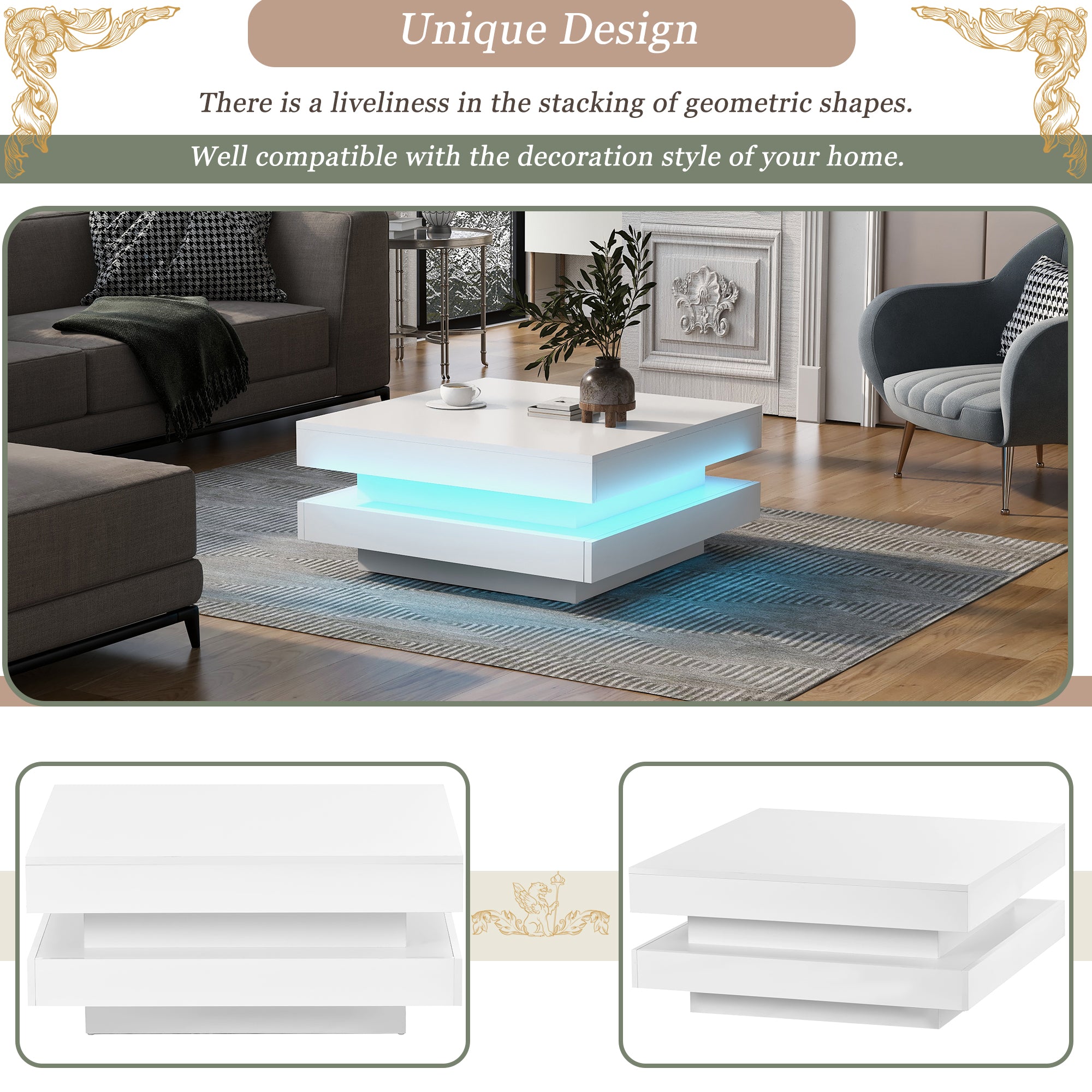 White Square High Gloss Coffee Table with 360° Rotating Top, Tea Table with 16-Color LED light, 70x70x36 cm