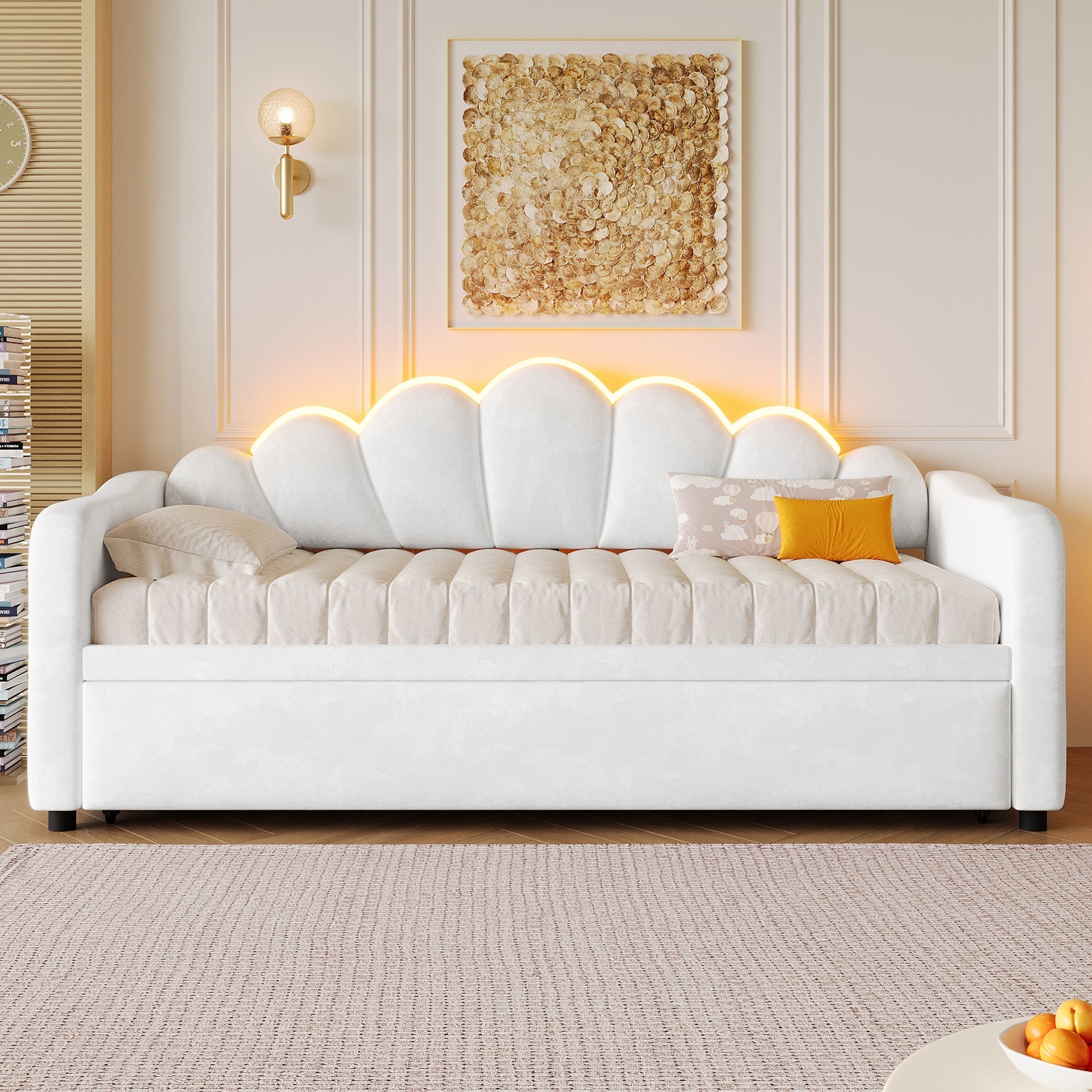 Upholstered Daybed with Pull-out Function and LED Lighting, 90x200cm, White