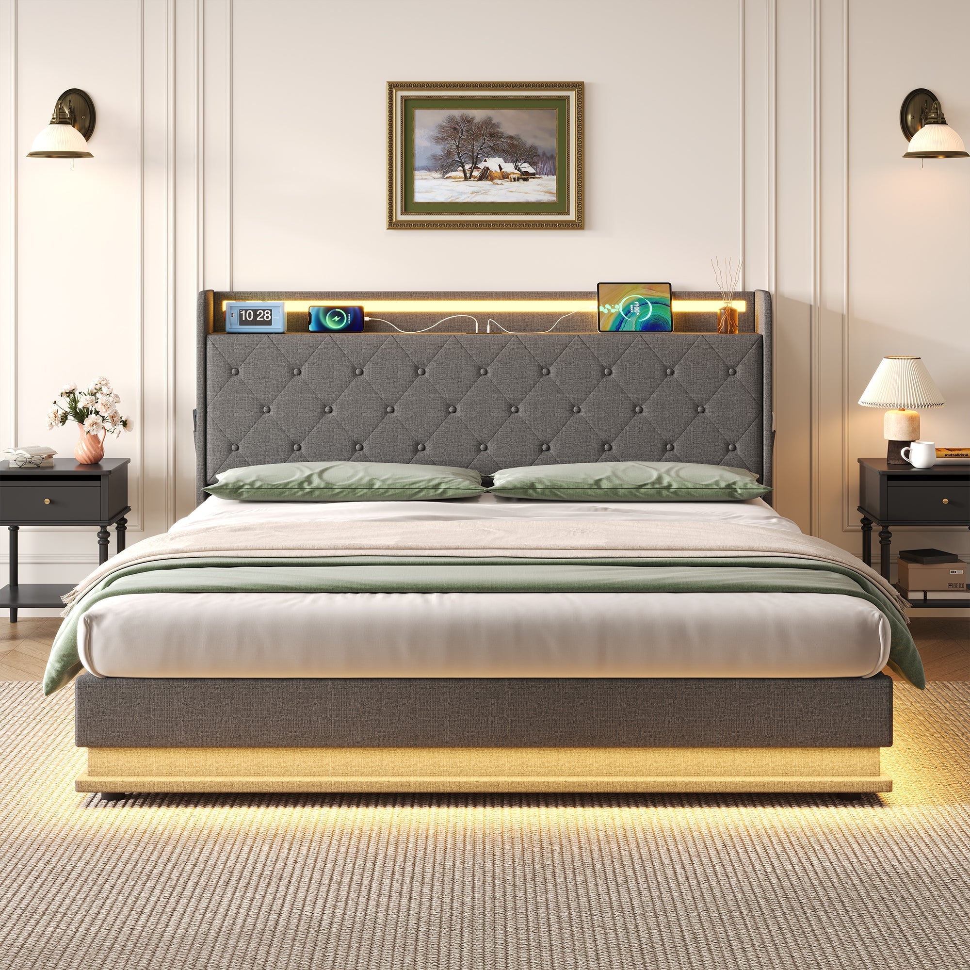 5ft King Upholstered Bed Frame with Hydraulic Storage, LED Button Tufted Headboard, USB and Type-C Ports, Linen, Grey