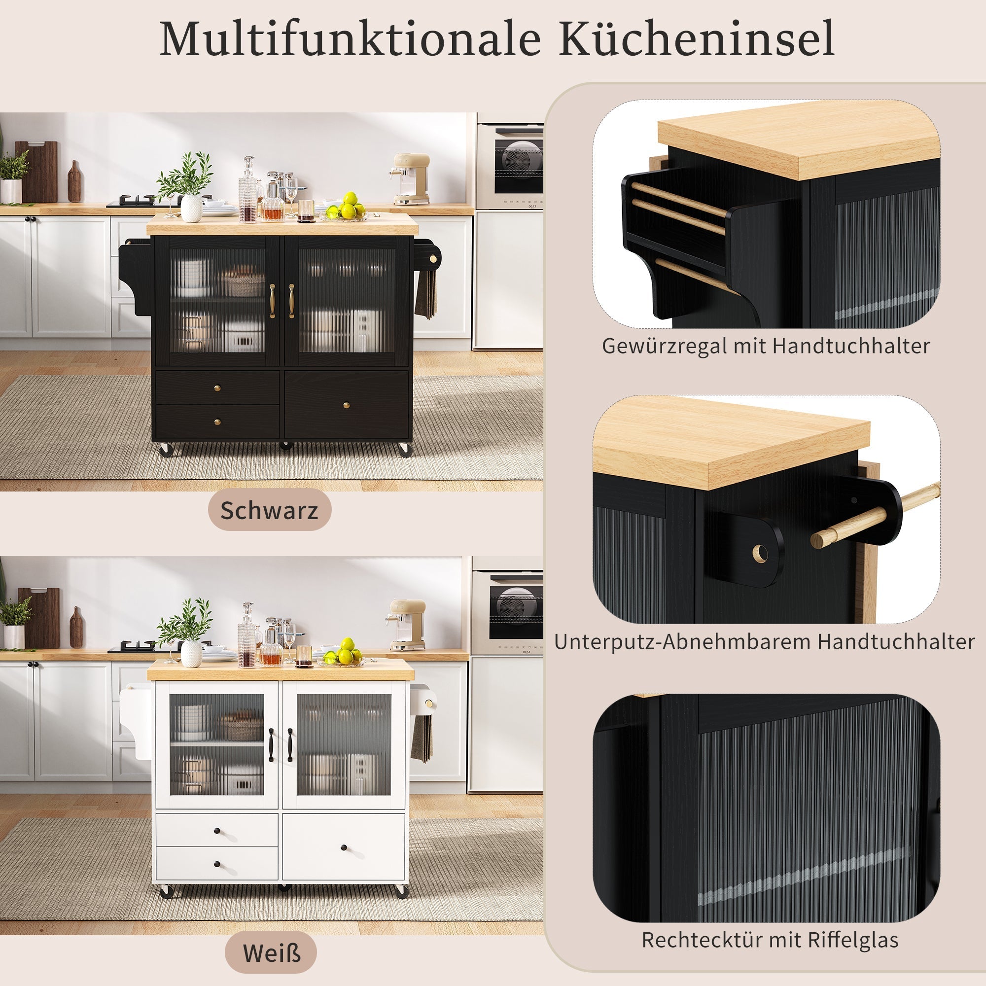 Mobile Kitchen Island Extendable Table Storage Wine Rack - Black