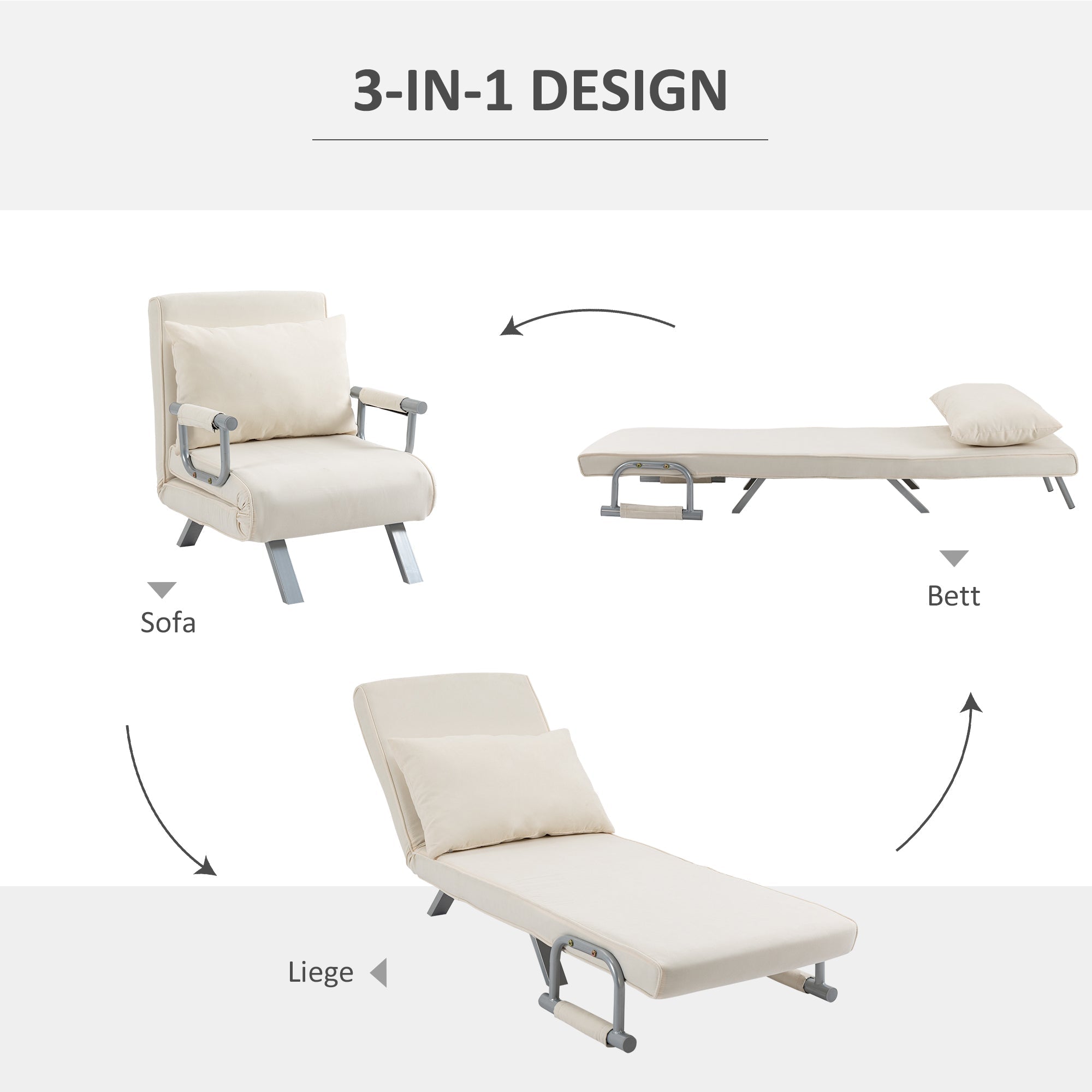 3-in-1 Sofa Bed Sleeper Chair Guest Folding Mattress Chaise Longue 65x69x80cm Polyester Cream