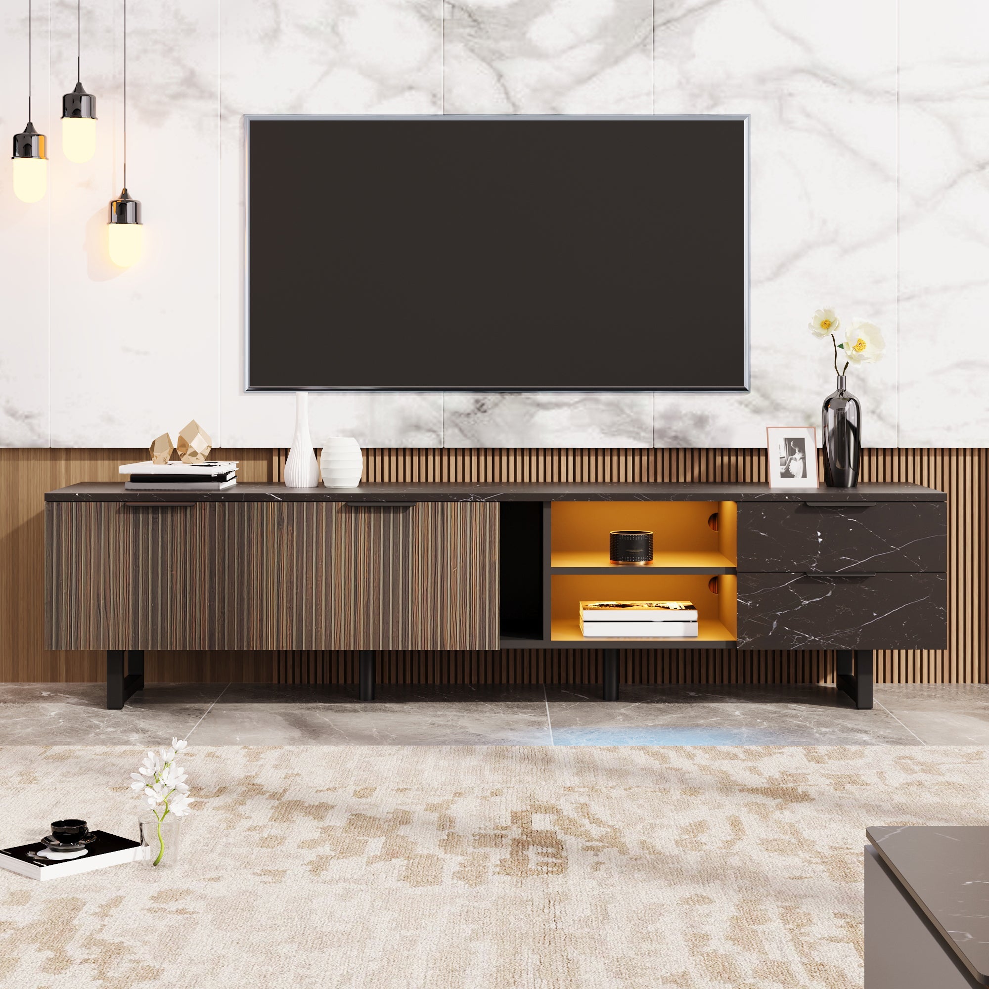TV Cabinet, 200cm, Adjustable LED, 2 Doors, 2 Drawers, Black Marble & Dark Wood