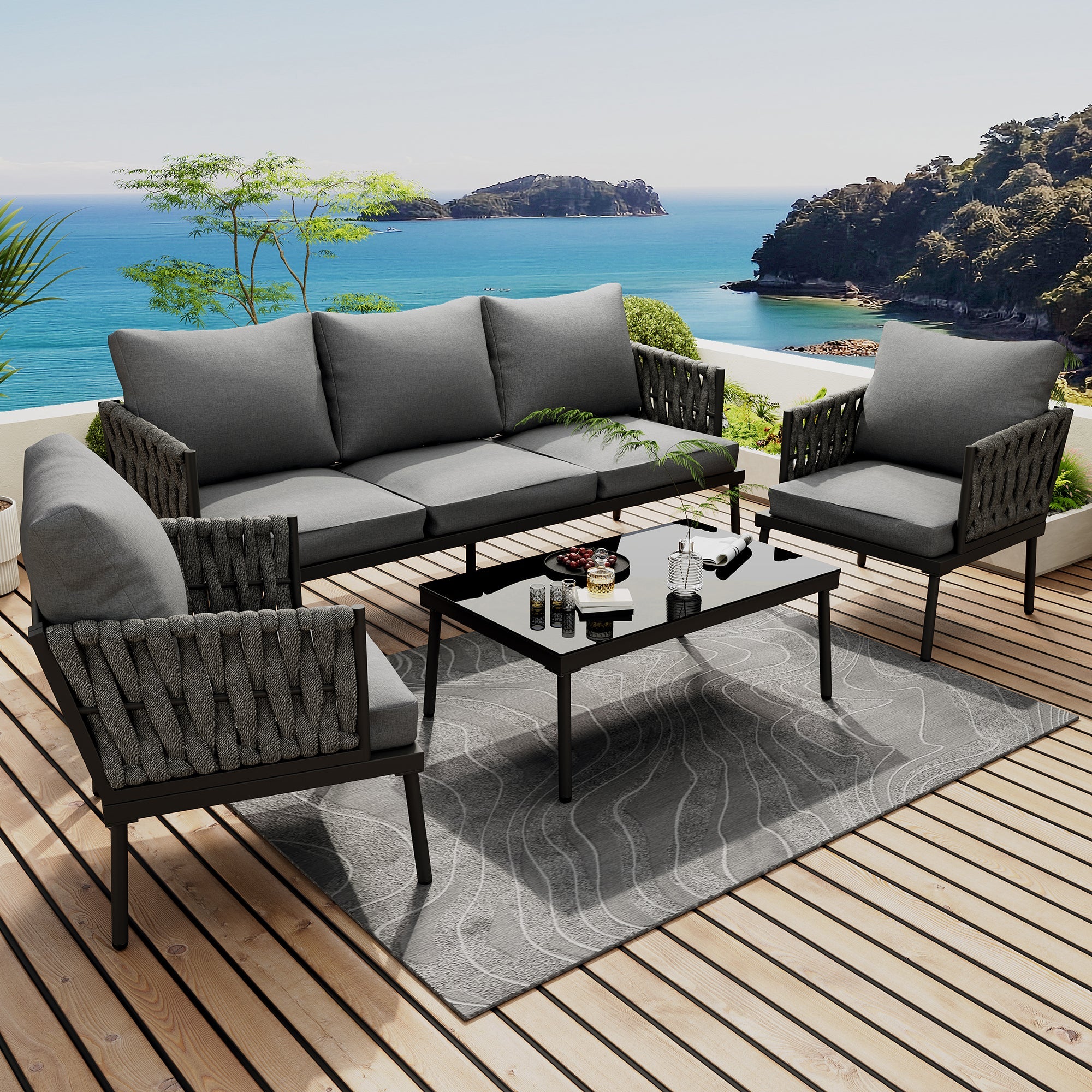 Garden Furniture Set with 3-Seater Sofa, 2 Armchairs and Coffee Table, Grey
