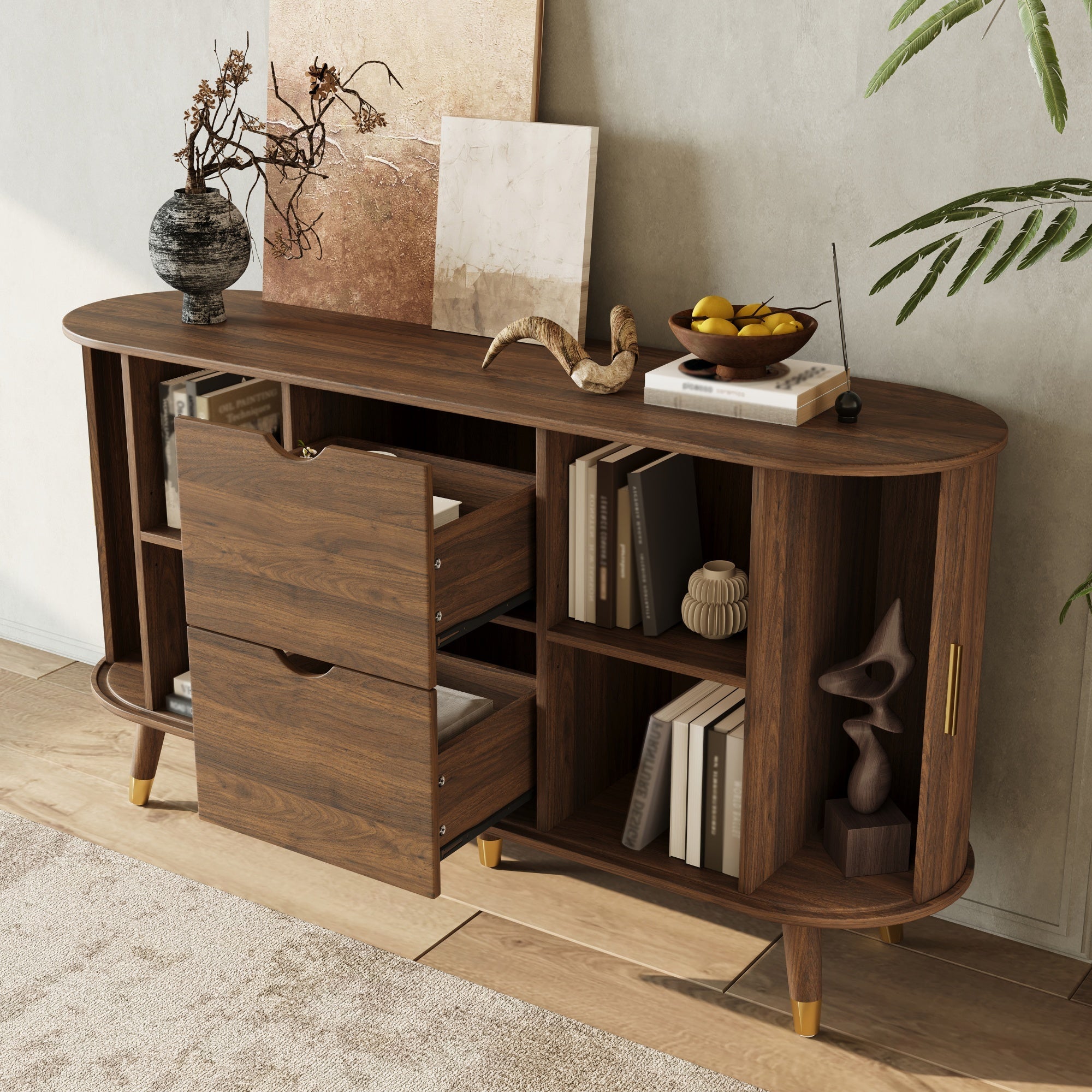 Sideboard with Sliding Doors, Drawers and Rounded Corners, Solid Wood Legs