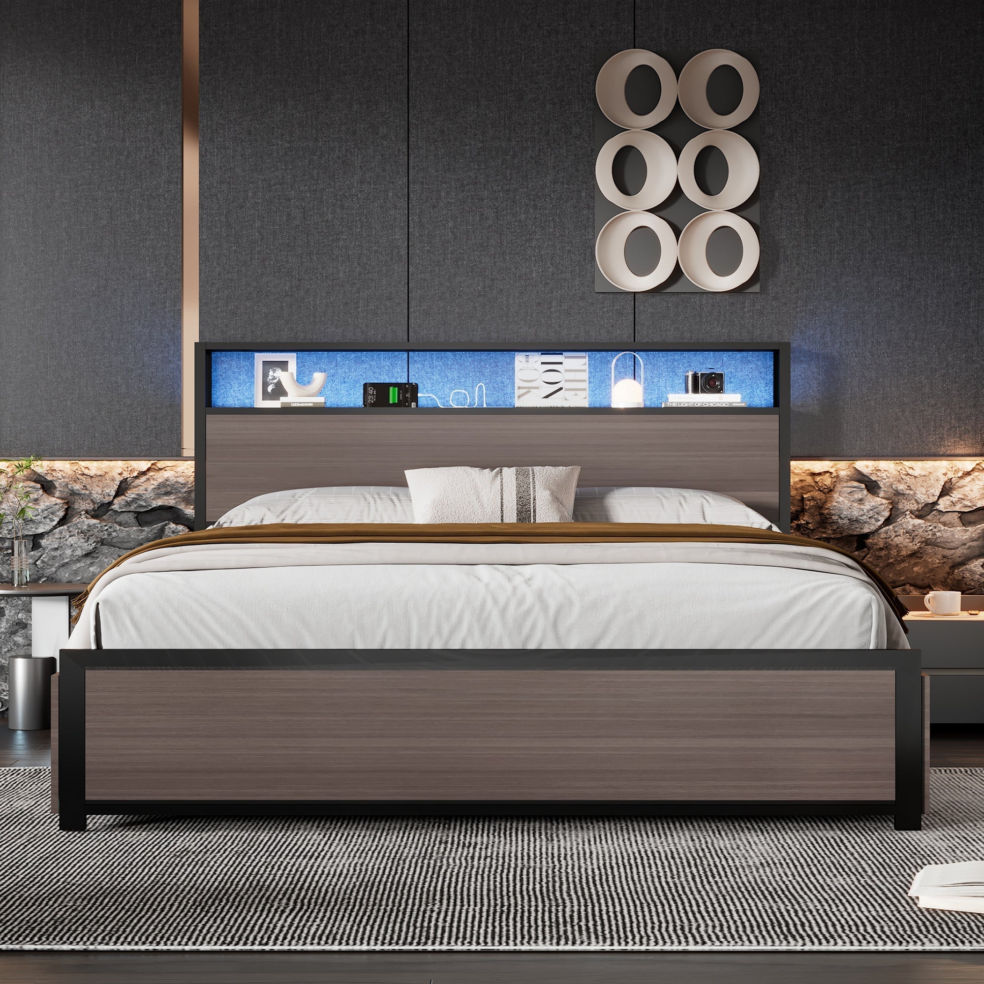 Metal Bed, 4ft6 Double with LED Lights, 4 Drawers, and USB/Type C Ports, Wrought Iron Grey